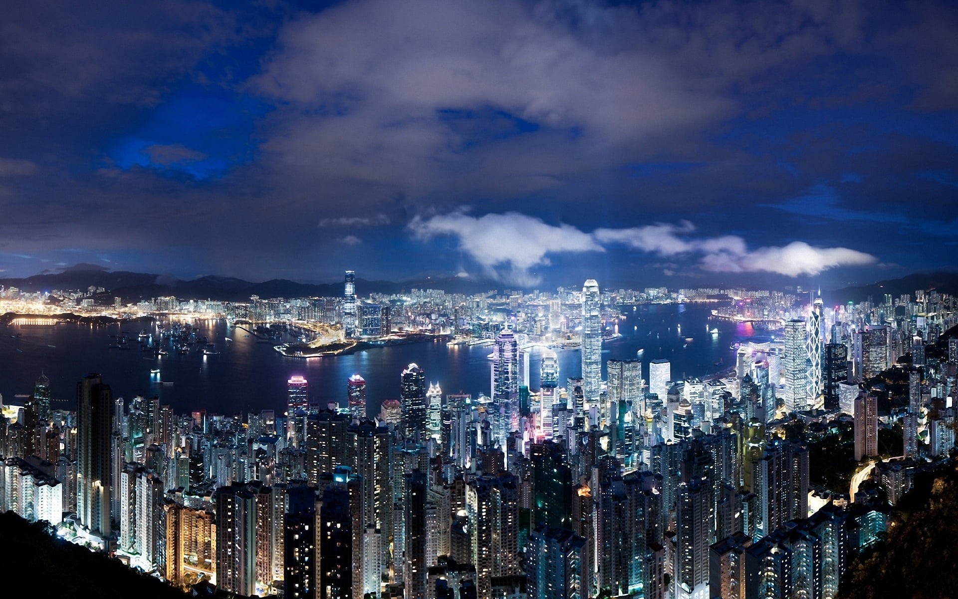 financial District, building Exterior, victoria Harbour - Hong Kong, tower, buildings, cloud - sky, metropolis, 1080P, night, built Structure, residential district, HD Wallpaper