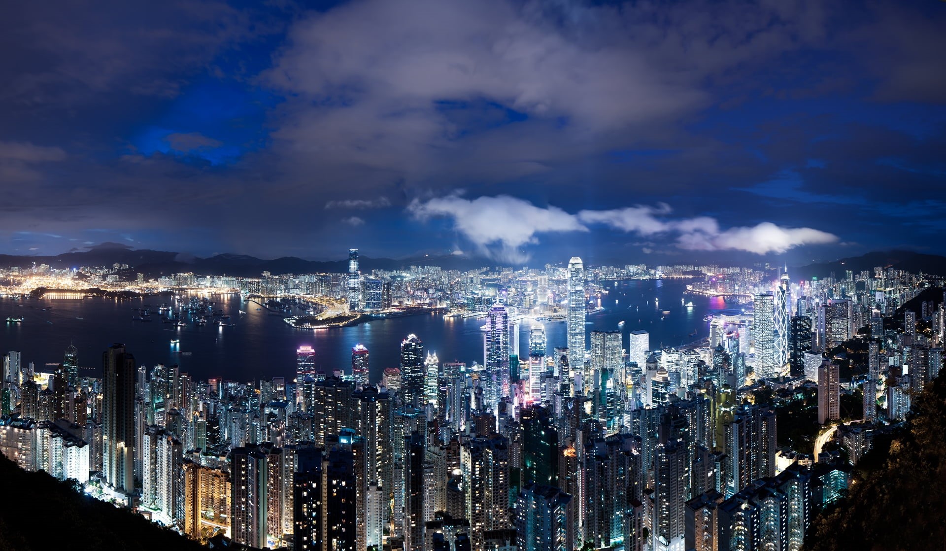 kowloon, travel, central District - Hong Kong, downtown District, 1080P, blue, tall - High, city, elevation, office Building, dusk, asia, buildings, wanchai, HD Wallpaper