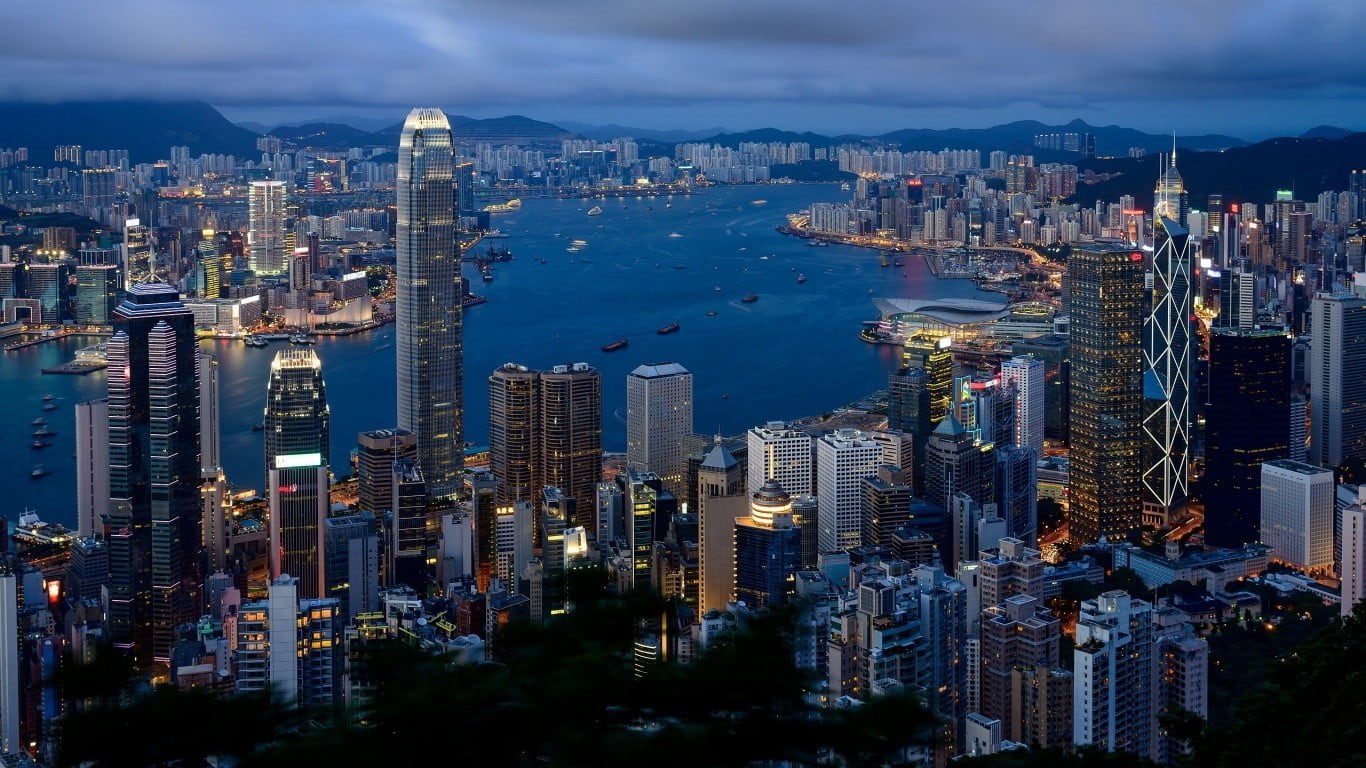 city, outdoors, lights, landscape, architecture, office building exterior, no people, financial district, modern, building exterior, water, Hong Kong, buildings, HD Wallpaper