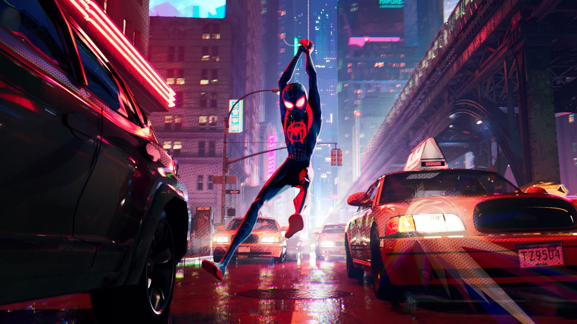 taxi, 1080P, car, superhero, Spider-Man: Into the Spider-Verse, Spider-Man, Marvel Comics, city, urban, HD Wallpaper