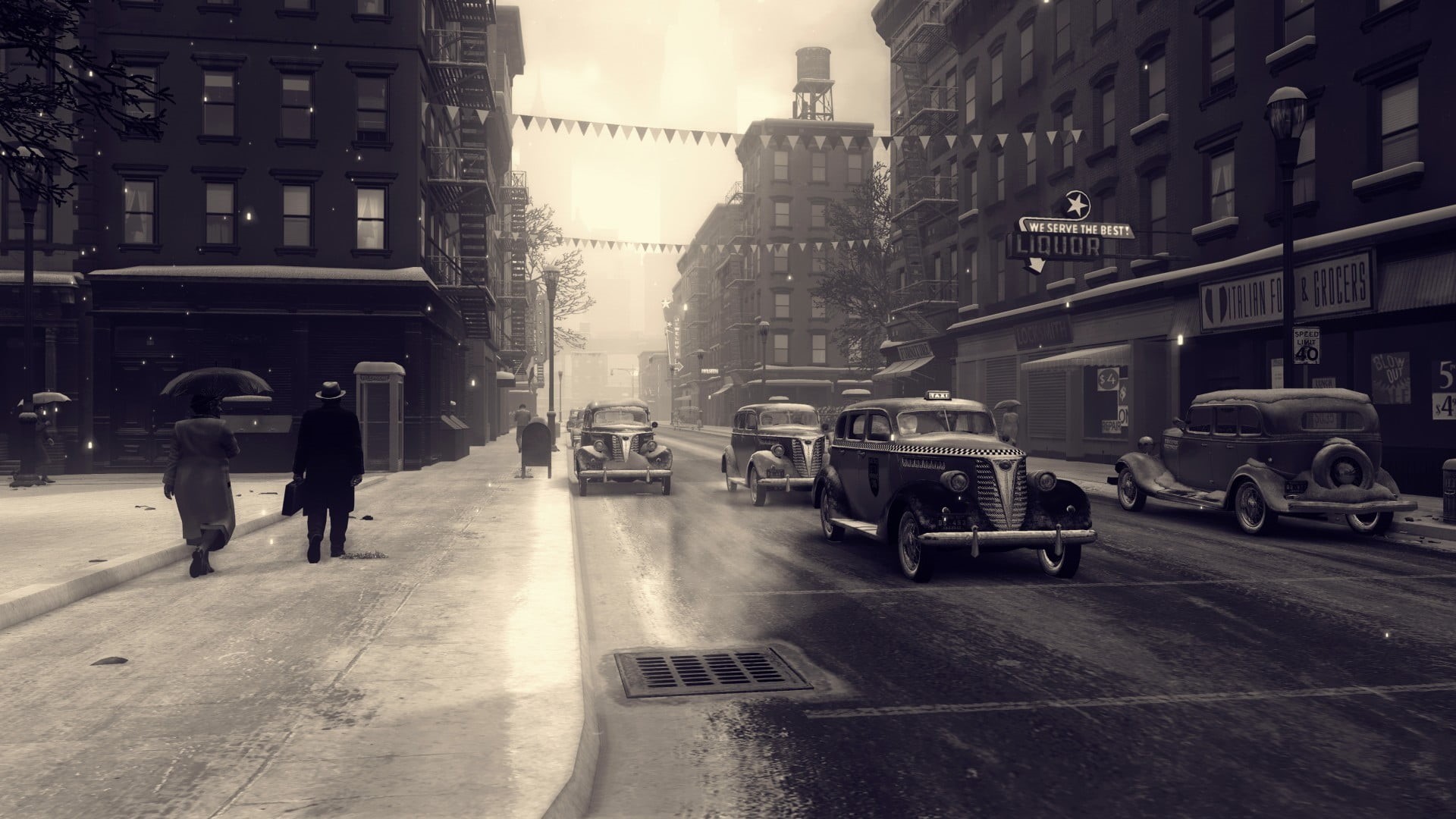 phone box, classic, rain, classic car, men, snow, built structure, building, Mafia II, photography, grayscale, street, vehicles, video games, Mafia, land vehicle, HD Wallpaper