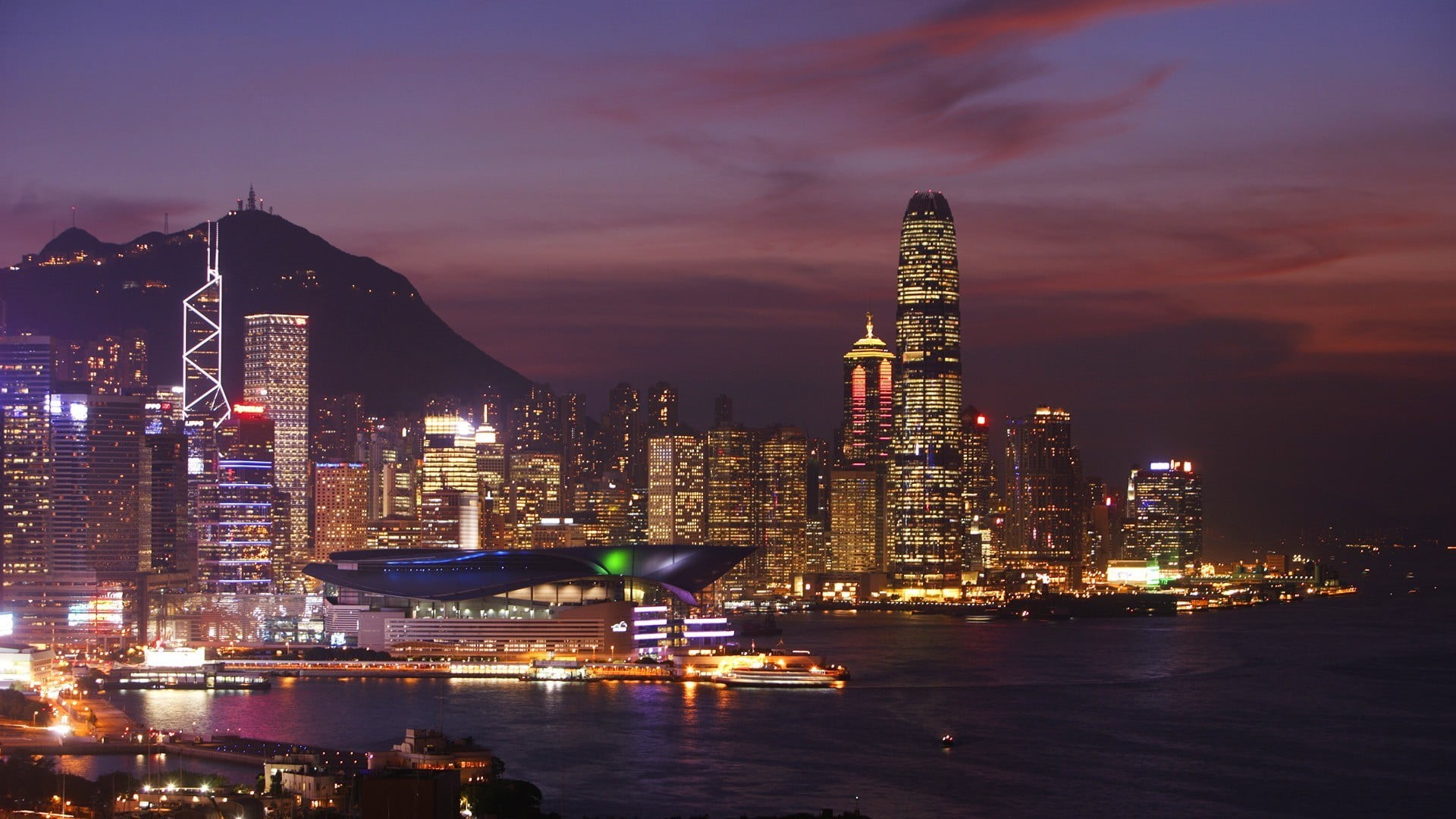 modern, 1080P, buildings, illuminated, Hong Kong, building, water, cloud - sky, skyscraper, city, night, building exterior, travel destinations, landscape, HD Wallpaper