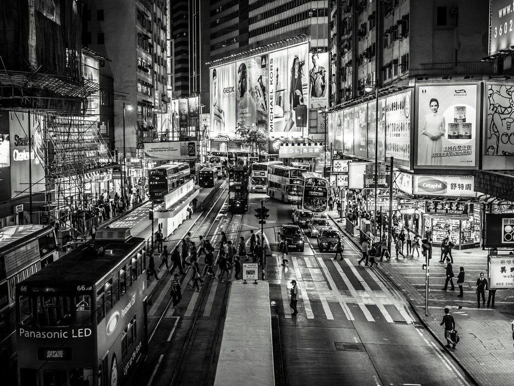 built structure, illuminated, cityscape, car, 480P, group of people, architecture, photography, city life, transportation, Hong Kong, monochrome, motor vehicle, HD Wallpaper