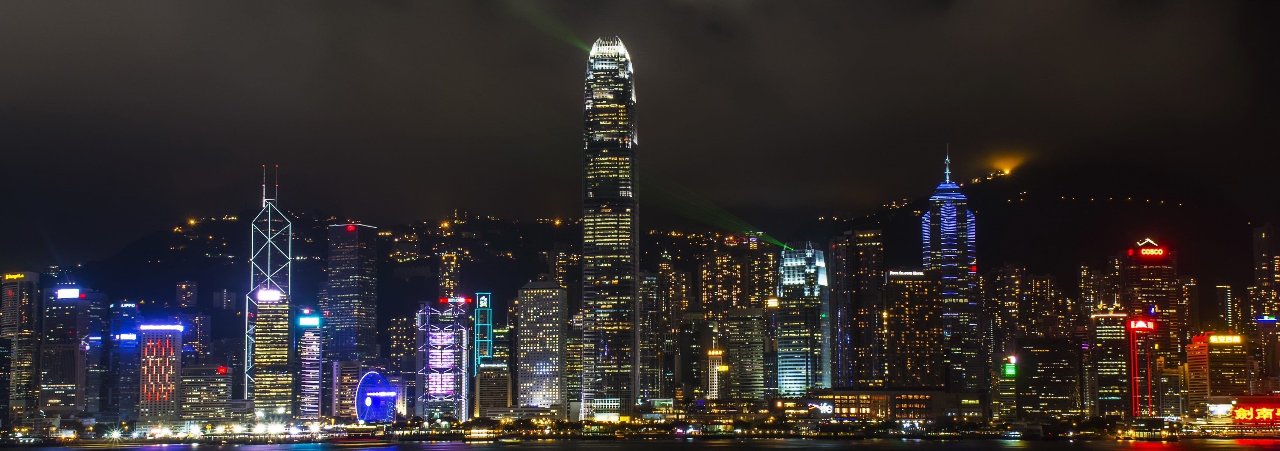 green, night, nightlife, illuminated, urban skyline, architecture, downtown district, outdoors, computer, office, travel destinations, tower, development, HD Wallpaper