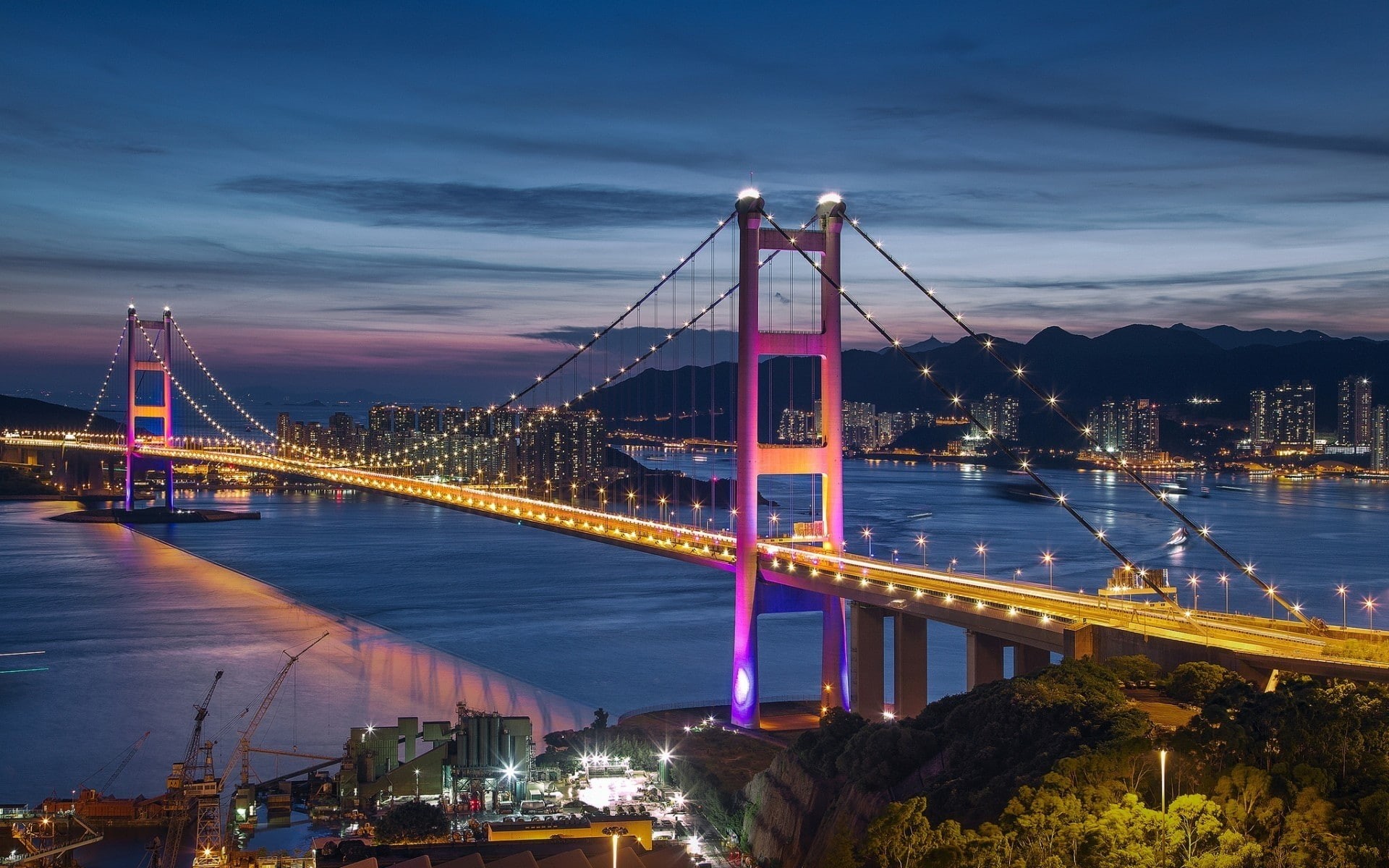 kong, 1080P, city, bridge, lights, hong kong, hong, night, HD Wallpaper