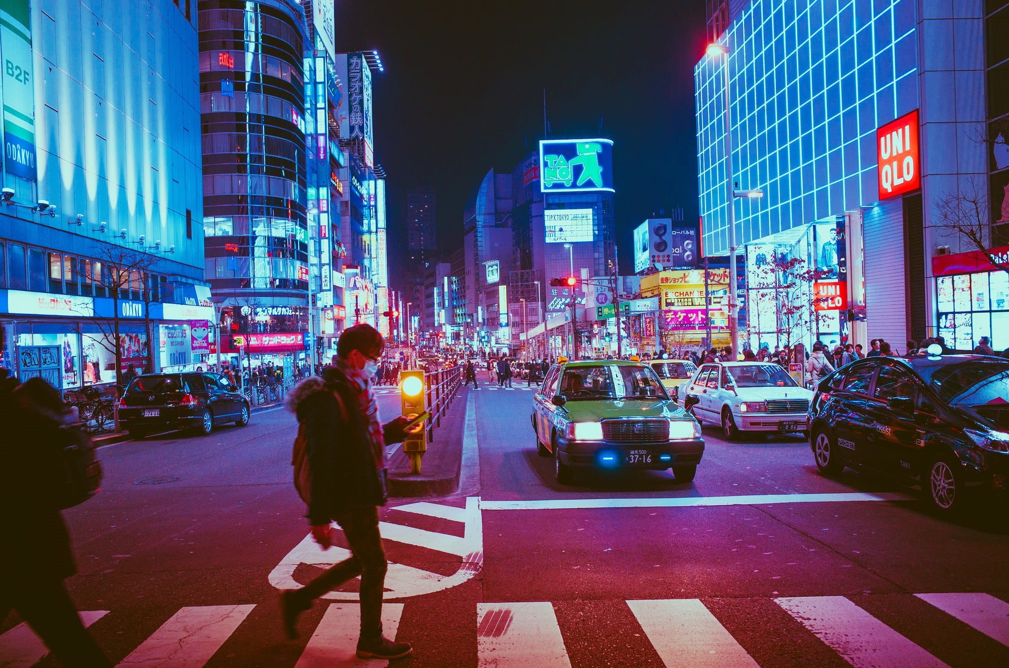 japan, city street, zebra, night light, glow, uniqlo, skyscraper, traveller, teen, illuminated, advertising, lane, man, neon, travel, person, shops, city, HD Wallpaper