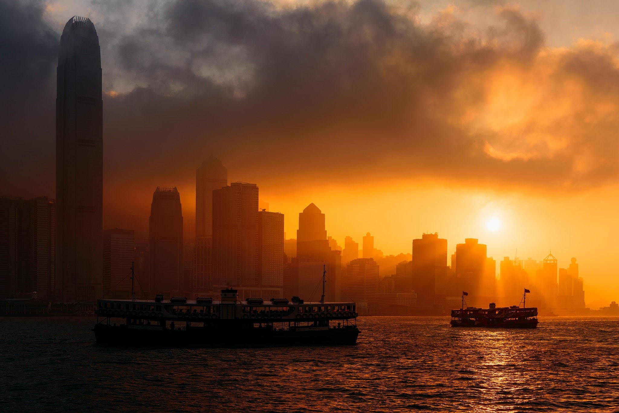 stacked, waterfront, cityscape, urban skyline, Asia, transportation, no people, mode of transportation, sun, nautical vessel, Hong Kong, skycrapers, building, HD Wallpaper