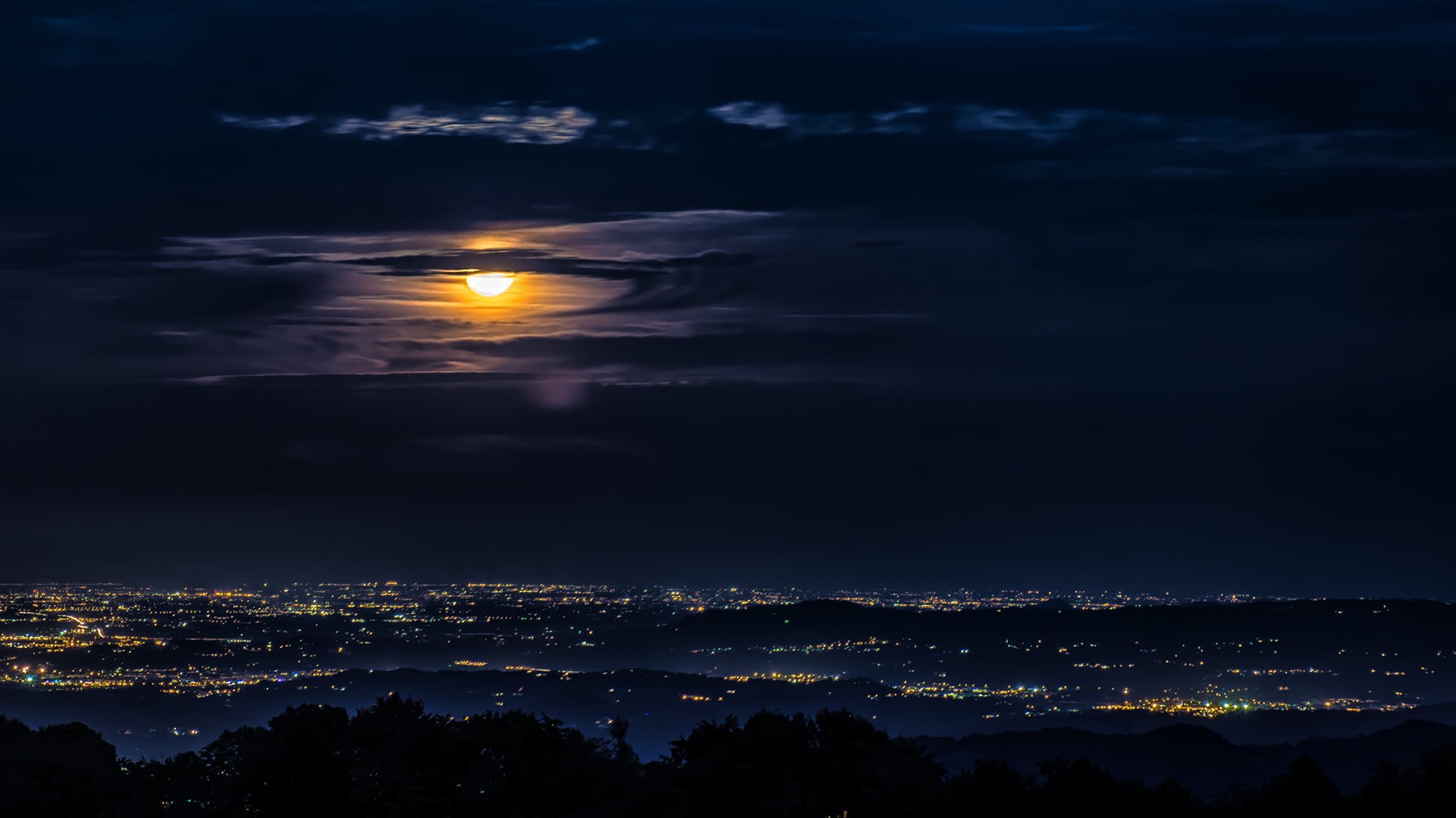 sun, blue, mountain, illuminated, sky, dark, tranquil scene, city, tranquility, sunset, idyllic, 1080P, scenics, no people, cloud - Sky, building exterior, HD Wallpaper