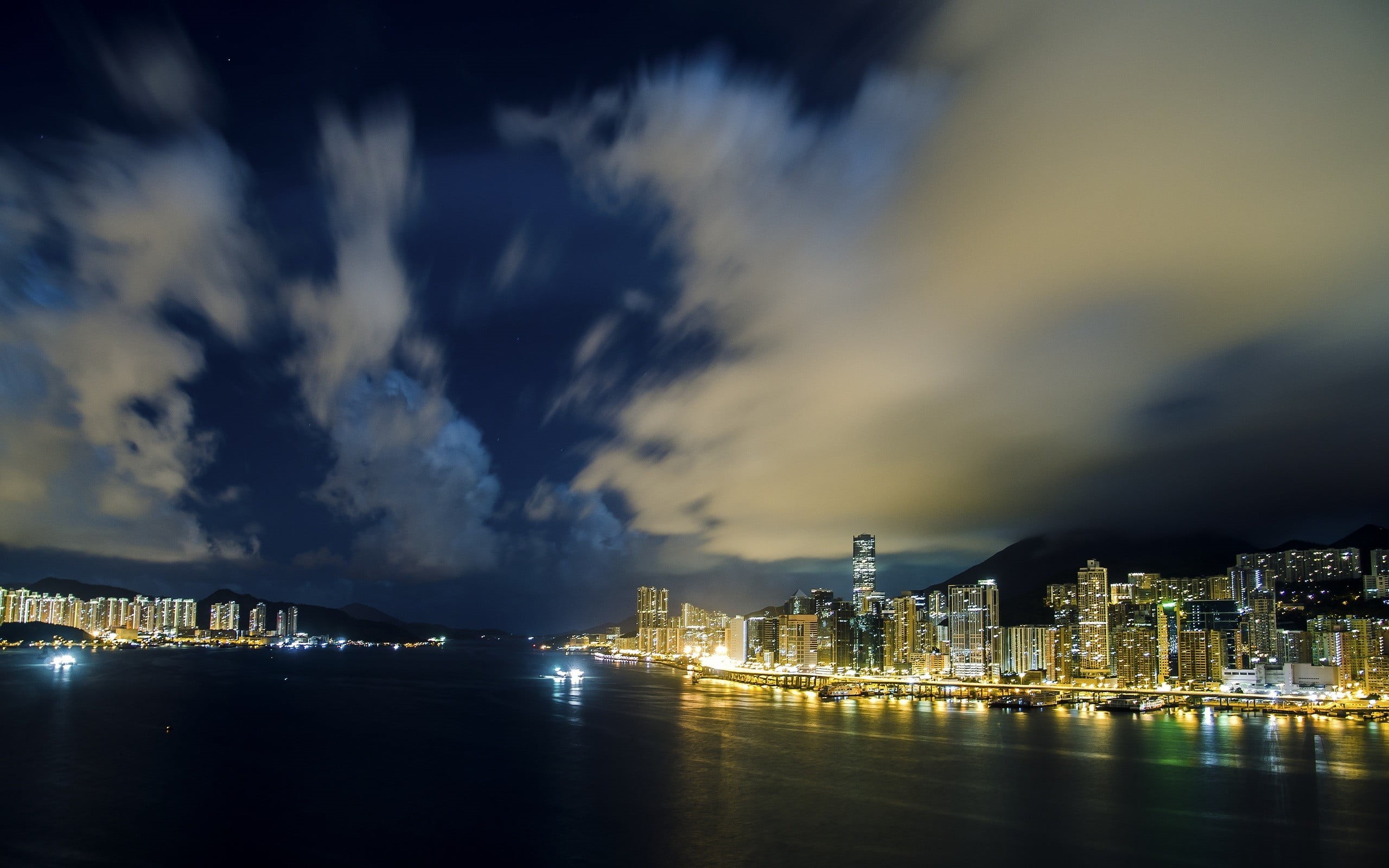 sky, illuminated, city, water, skyscraper, clouds, river, built structure, Hong Kong, waterfront, nature, reflection, office building exterior, photography, HD Wallpaper