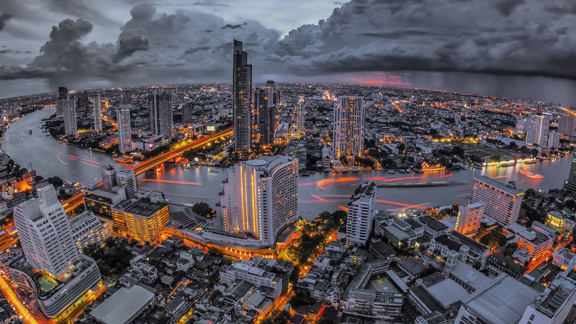 illuminated, city, office building exterior, modern, 1080P, nature, cityscape, river, sky, skyline, high angle view, travel destinations, crowded, skyscraper, HD Wallpaper