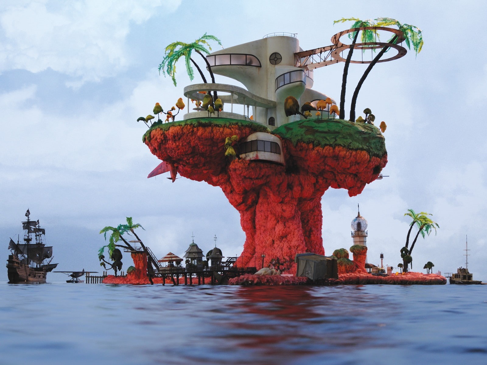 sky, incidental people, cloud - sky, outdoors, Jamie Hewlett, transportation, red, architecture, travel, nature, Gorillaz, built structure, waterfront, HD Wallpaper