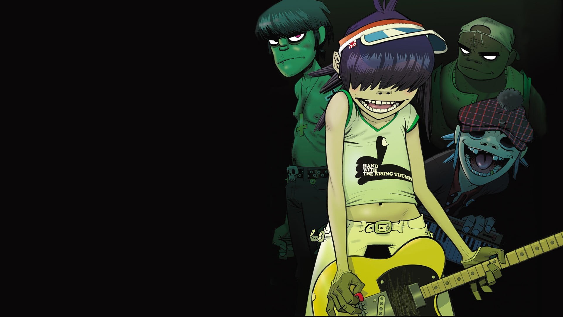 Noodle, band, Jamie Hewlett, Gorillaz, front view, indoors, black background, representation, creativity, headwear, art and craft, 2-D, human representation, HD Wallpaper