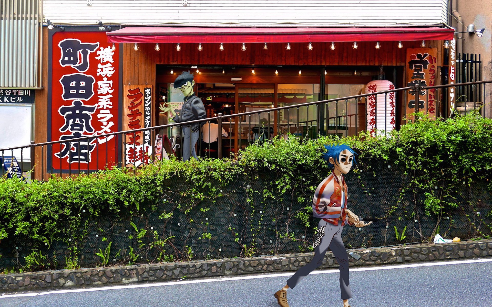 Jamie Hewlett, casual clothing, Murdoc Niccals, 1080P, plant, women, adult, full length, men, building, Gorillaz, architecture, city, one person, Japan, HD Wallpaper