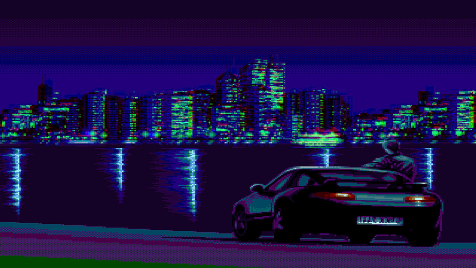 building exterior, urban skyline, built structure, night, transportation, Artistic, Retro Wave, skyscraper, purple, mode of transportation, outdoors, 1080P, HD Wallpaper