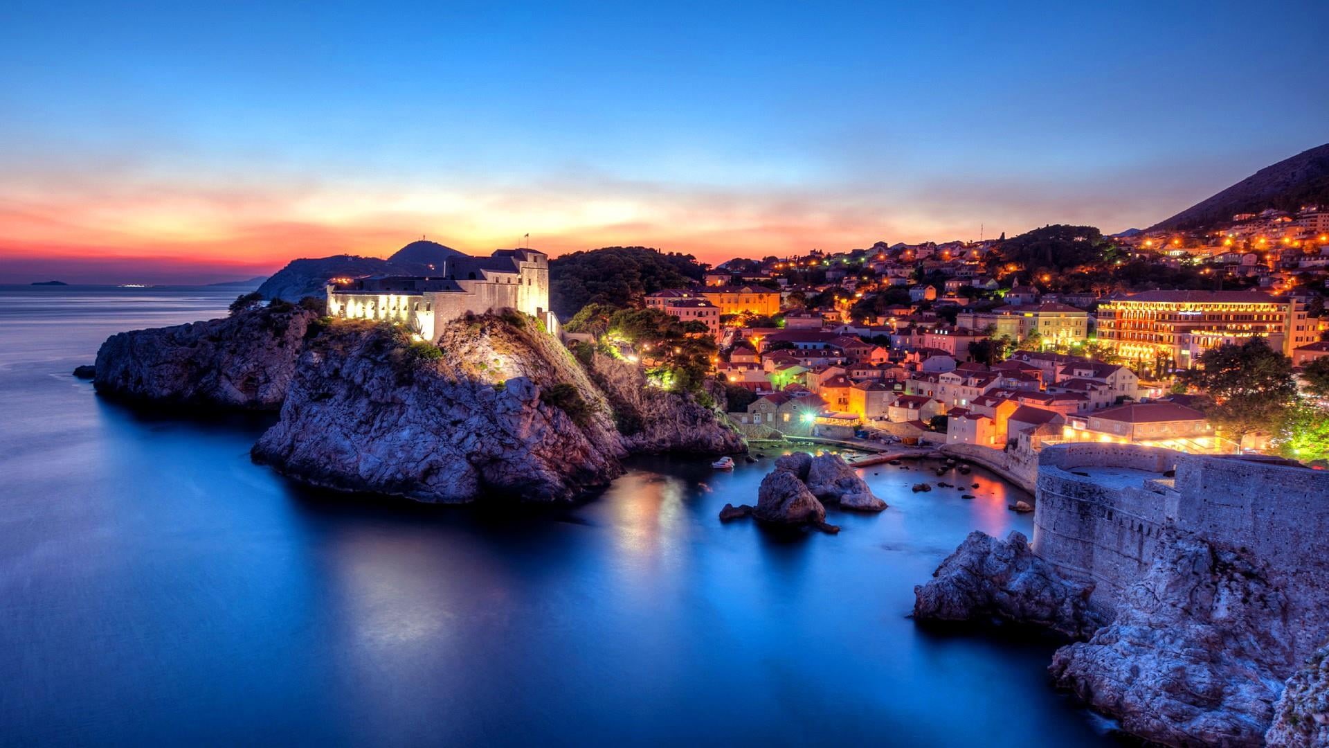 built structure, beauty in nature, 1080P, scenics - nature, beach, croatia, no people, dubrovnik, outdoors, sky, building, land, night, cloud - sky, nature, HD Wallpaper