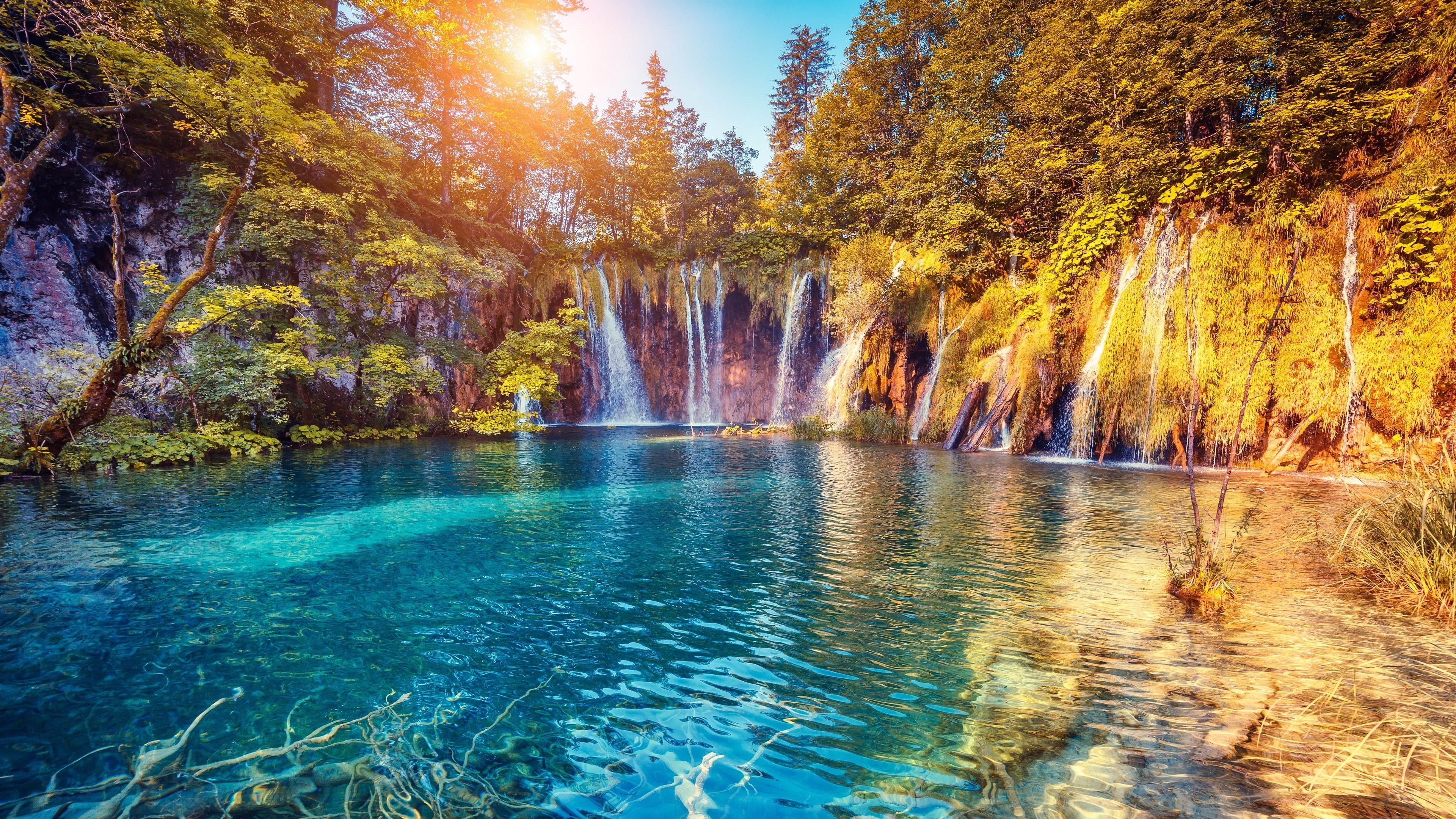 national park, lake, 4K, plitvice lakes national park, plitvice lakes, plitvice national park, croatia, europe, sunlight, waterfall, HD Wallpaper