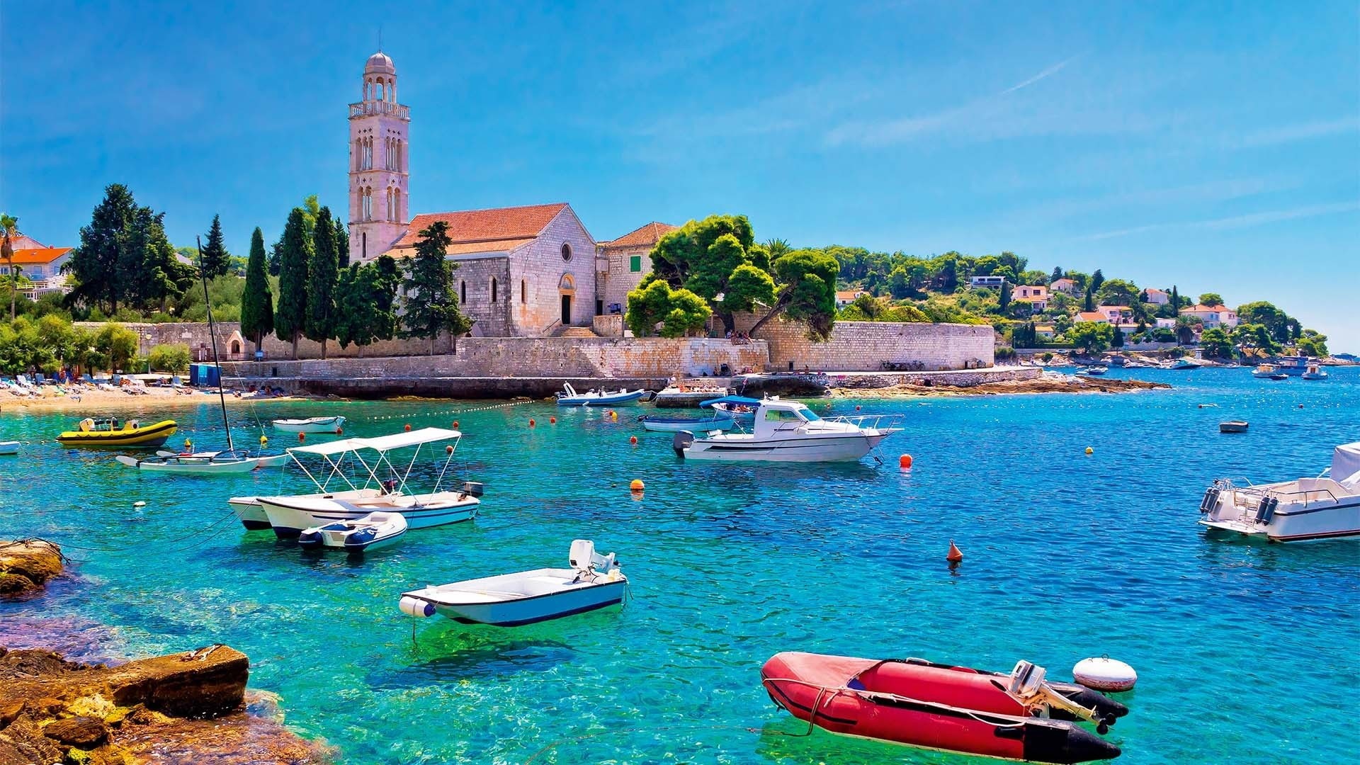 hvar, catholic, century, island, church, sea, croatia, th, 1080P, panorama, built, adriatic, HD Wallpaper