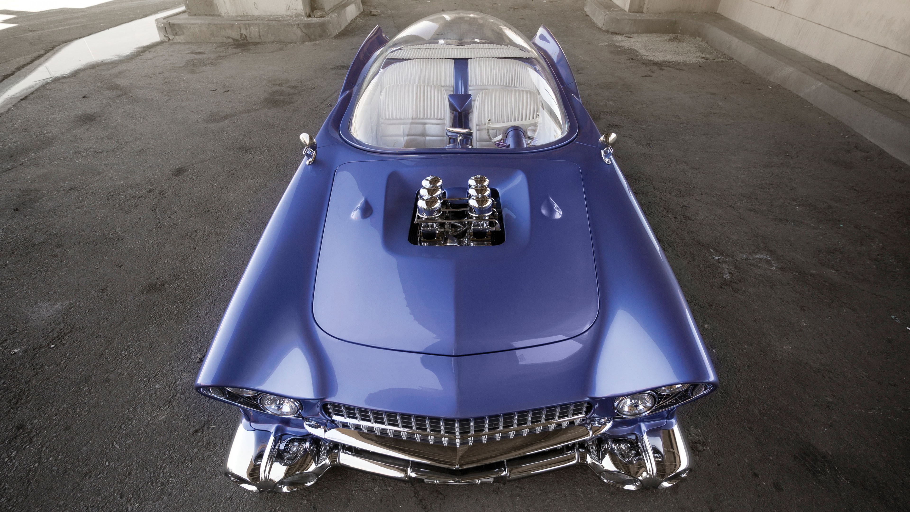 convertible, fish, car, retrofuture, blue, classic, 1955, 4K, lens, eye, future, Ford " Beatnik" Bubbletop Custom, HD Wallpaper