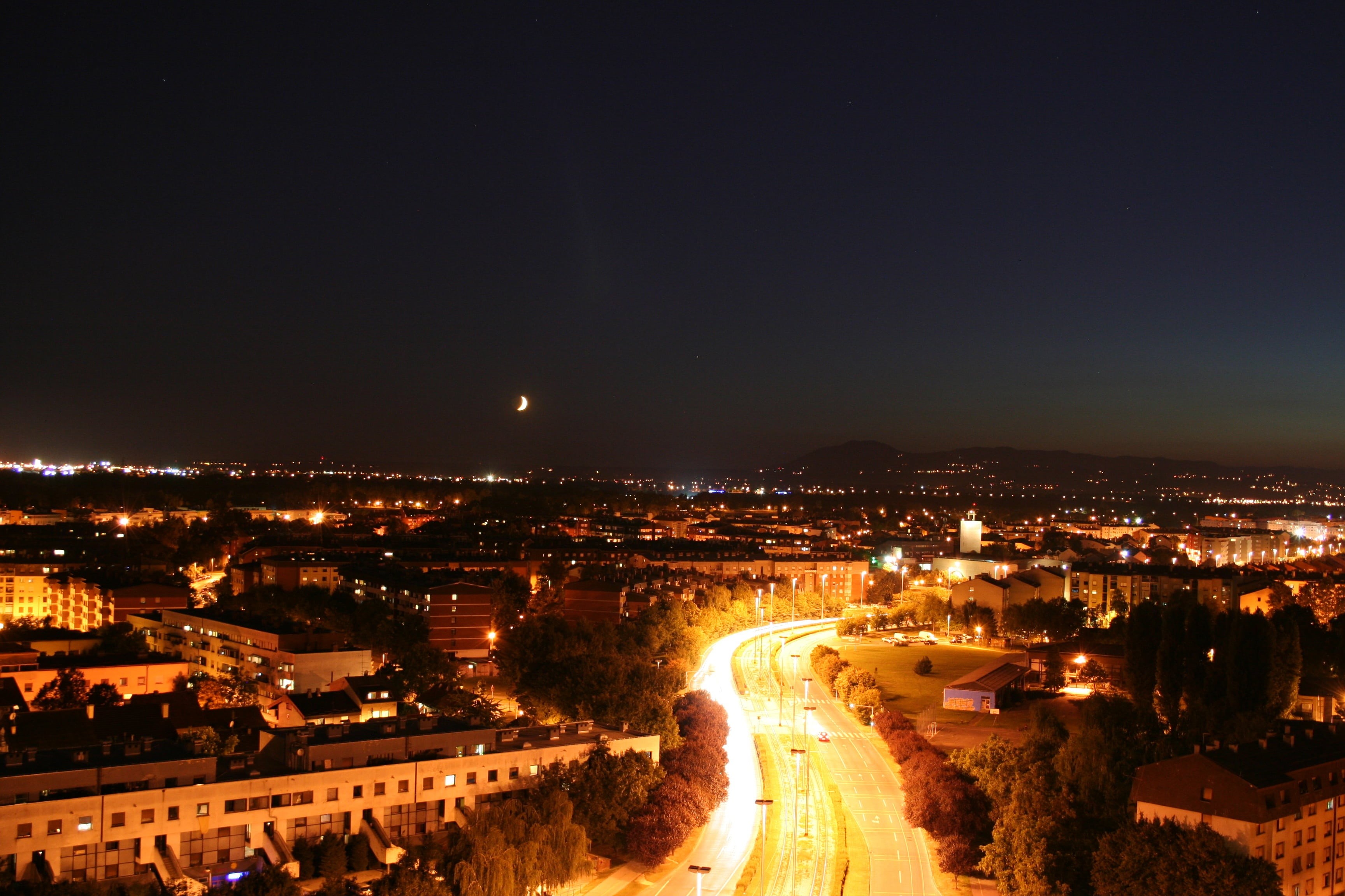 travel destinations, moon, sky, city night, night, cityscape, nature, republic of croatia, road, street, direction, building, no people, zagreb, skyline, HD Wallpaper