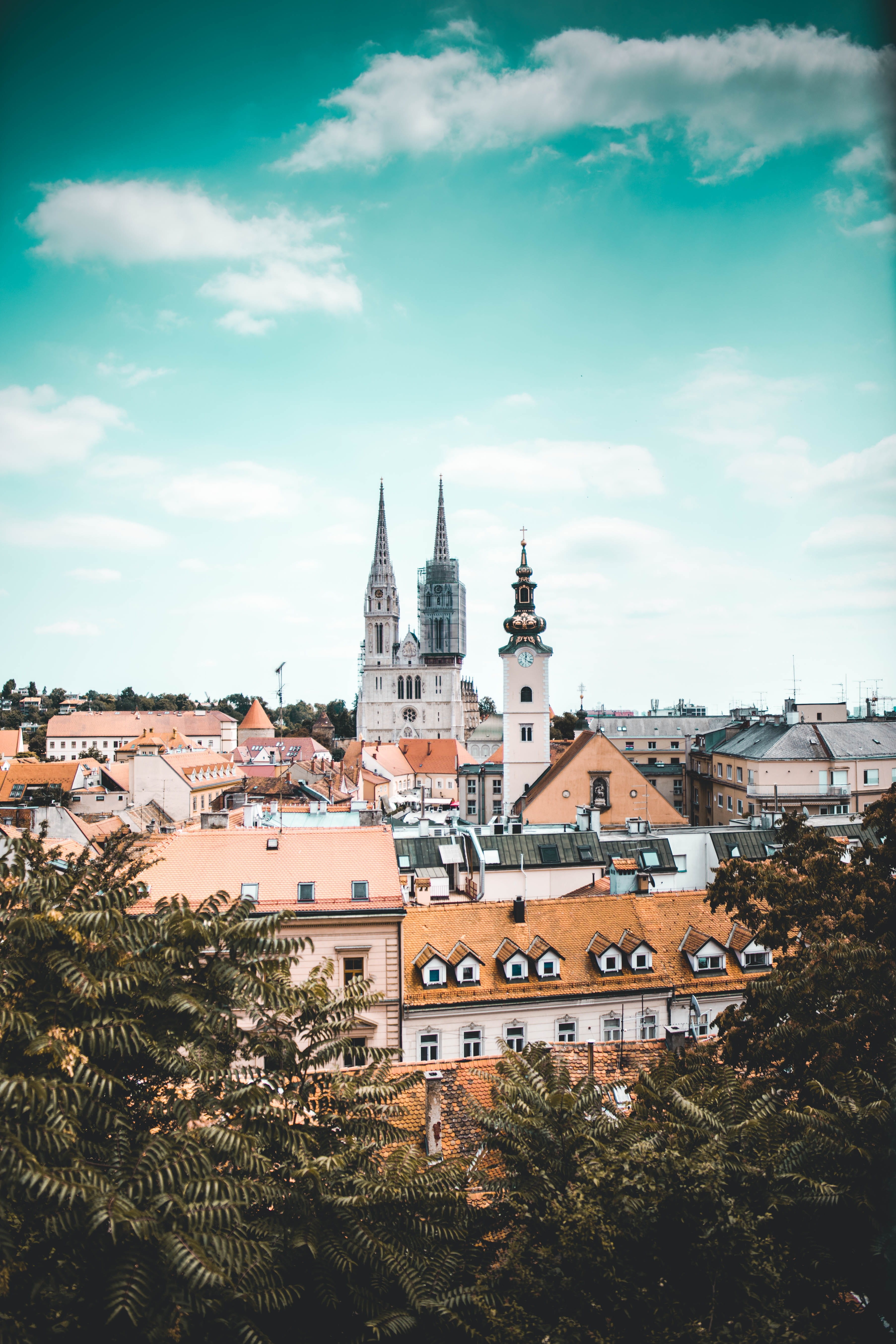 residential district, spire, 5K, outdoors, day, cloud - sky, gothic style, belief, spirituality, building exterior, architecture, croatia, sky, no people, Phone HD Wallpaper