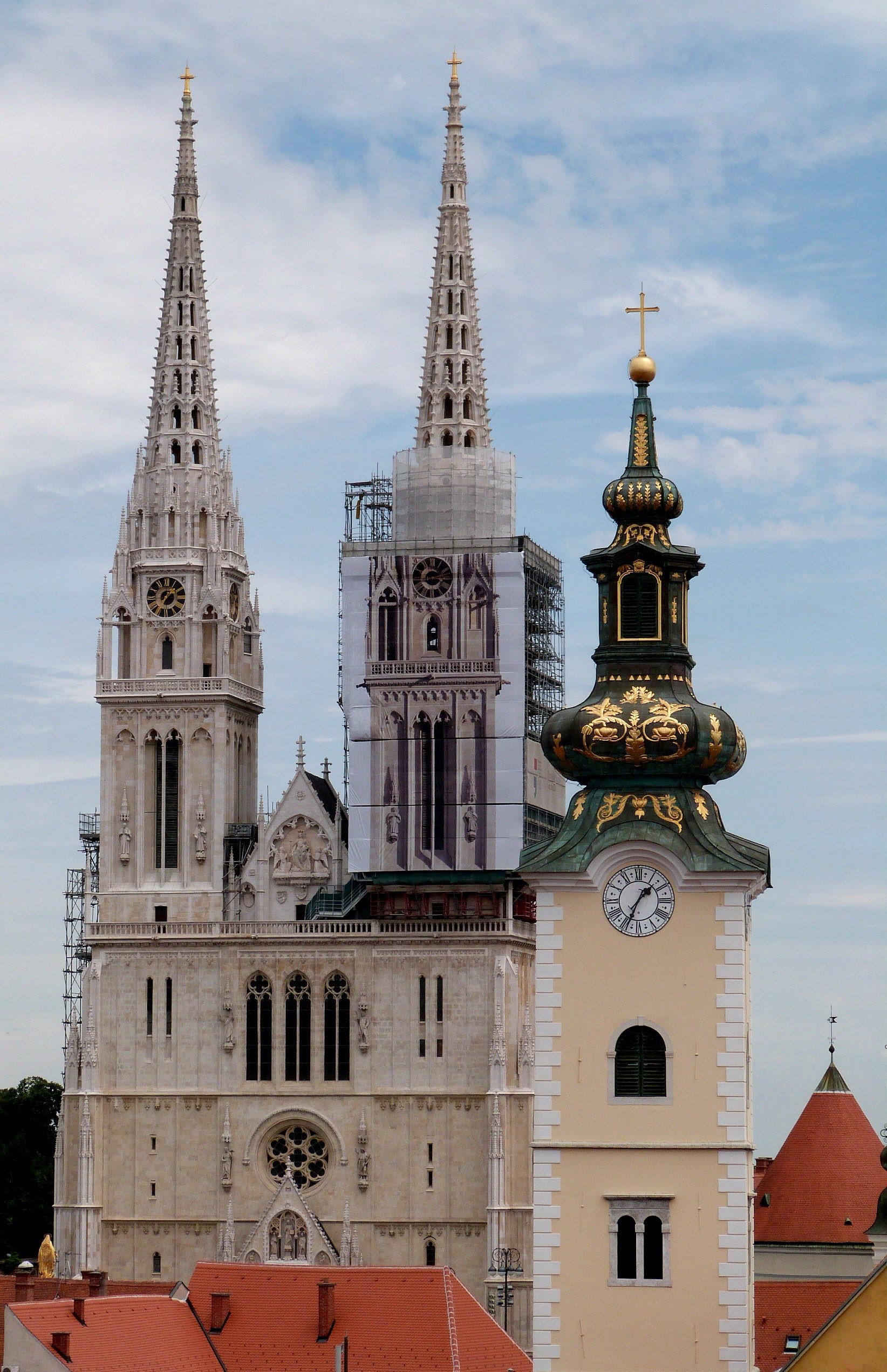 outdoors, architecture, blue, cathedral, tower, place of worship, zagreb, croatia, day, religion, 1080P, building, brown, gray, zagreb cathedral, building exterior, Phone HD Wallpaper