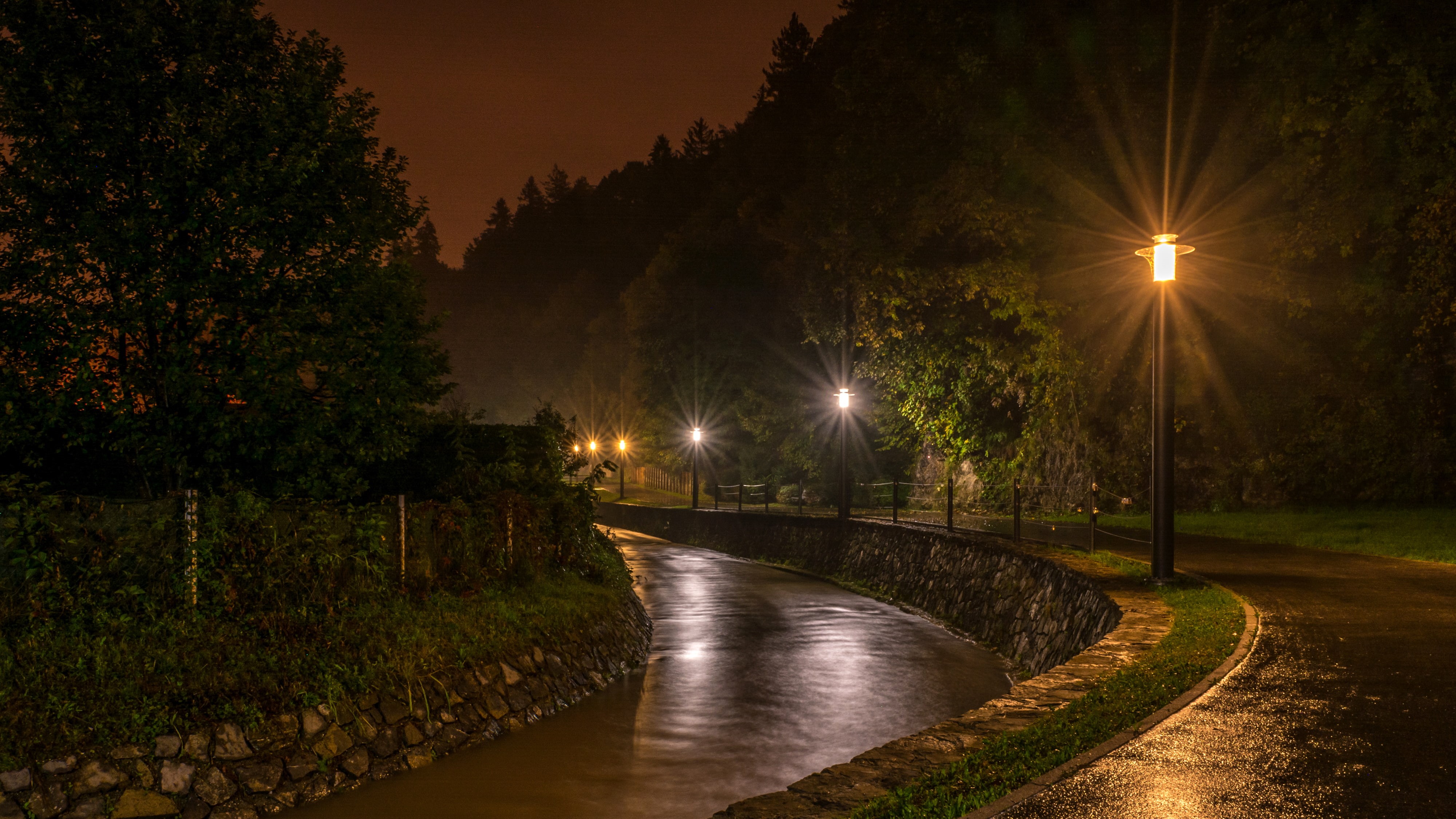 Zagreb, Samobor, road, Croatia, channel, night, 4K, trees, water, lights, HD Wallpaper