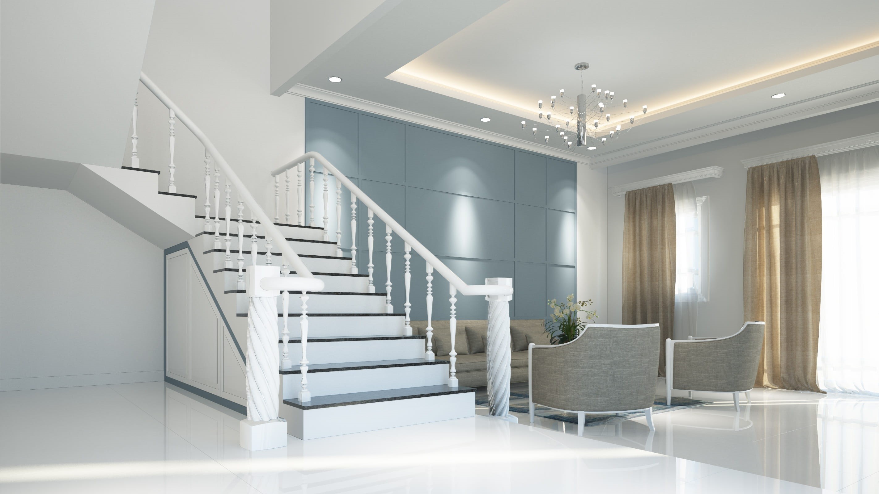 lifestyles, furniture, elegance, building, render, flooring, built structure, no people, neoclassical, 2K, house, wealth, steps and staircases, entrance hall, HD Wallpaper