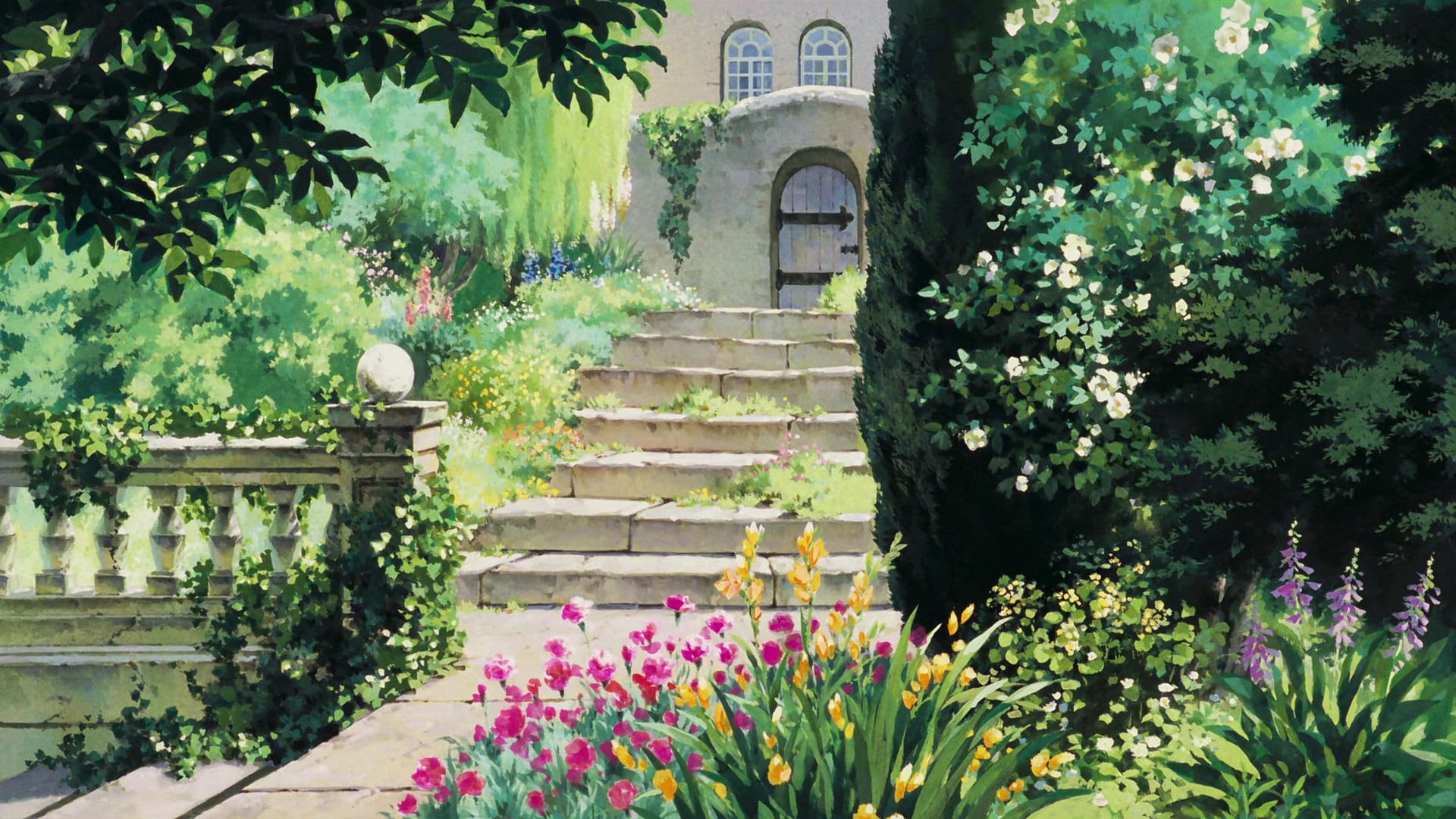 outdoors, entrance, nature, arrangement, flowering plant, built structure, tree, beauty in nature, pink, ornamental garden, green, green color, Studio Ghibli, HD Wallpaper