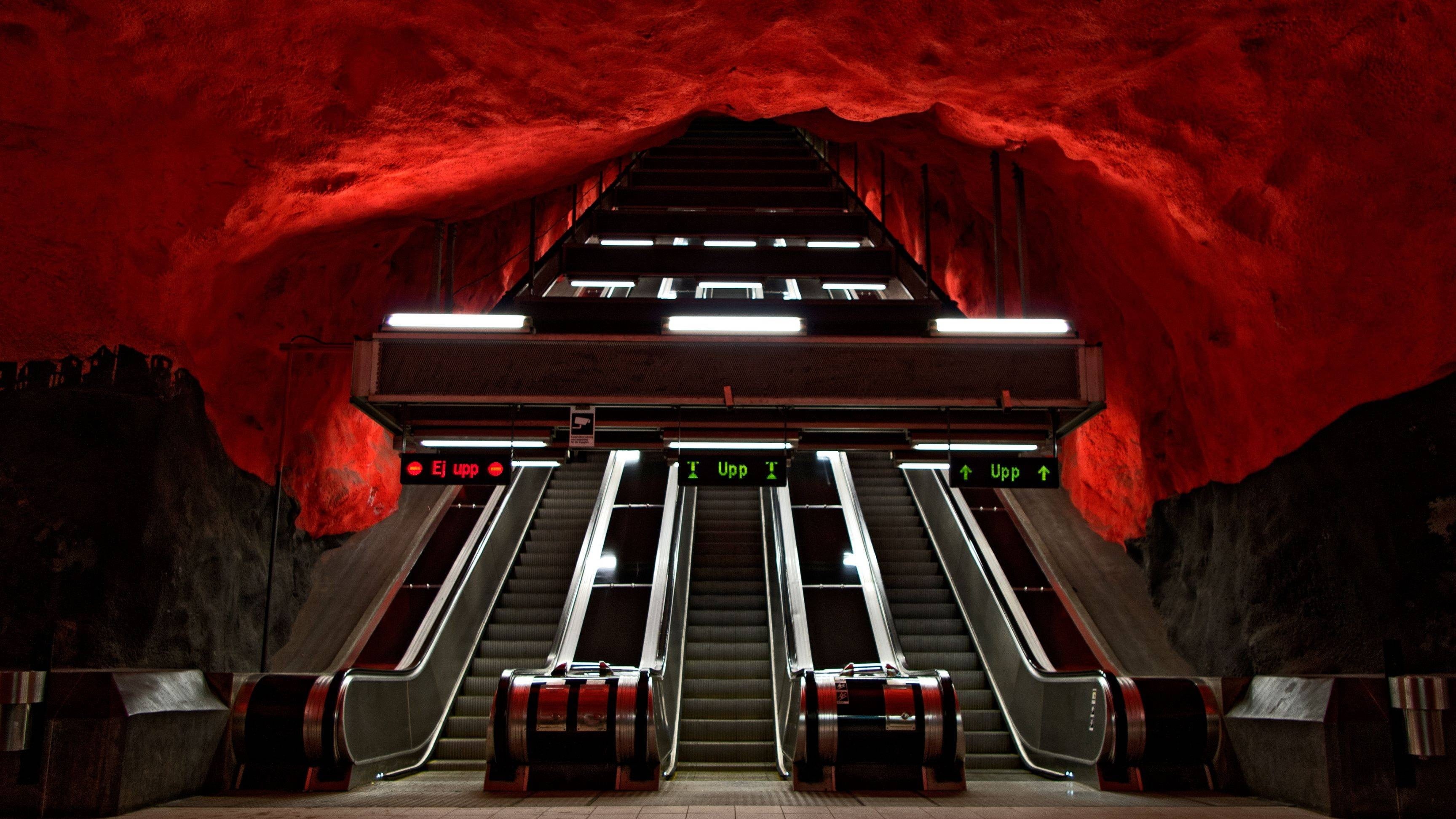 Stockholm metro, tunnel, escalators, architectural column, low angle view, red, architecture, illuminated, day, indoors, tourism, arts culture and entertainment, HD Wallpaper