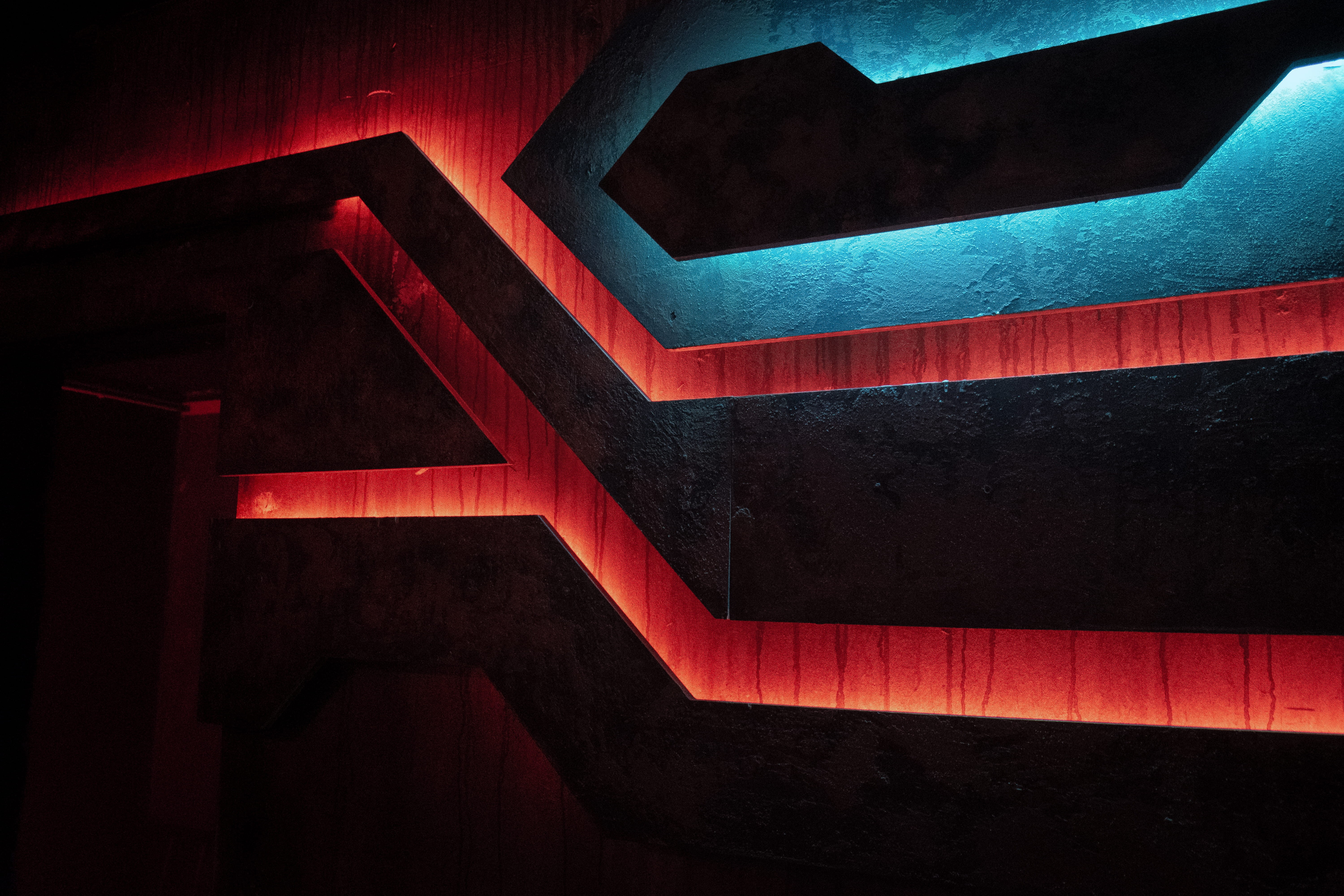 built structure, building, night, blue, light, wooden, neon, board, germany, lighting, red, neonsigns, no people, art, lights, communication, cologne, design, HD Wallpaper
