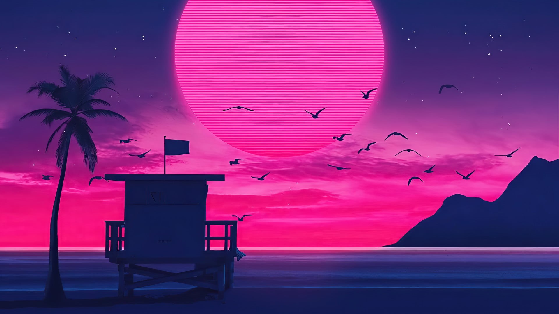 birds, house, trees, digital, vaporwave, 1080P, artwork, Moon, clouds, mountains, Retrowave, horizon, HD Wallpaper