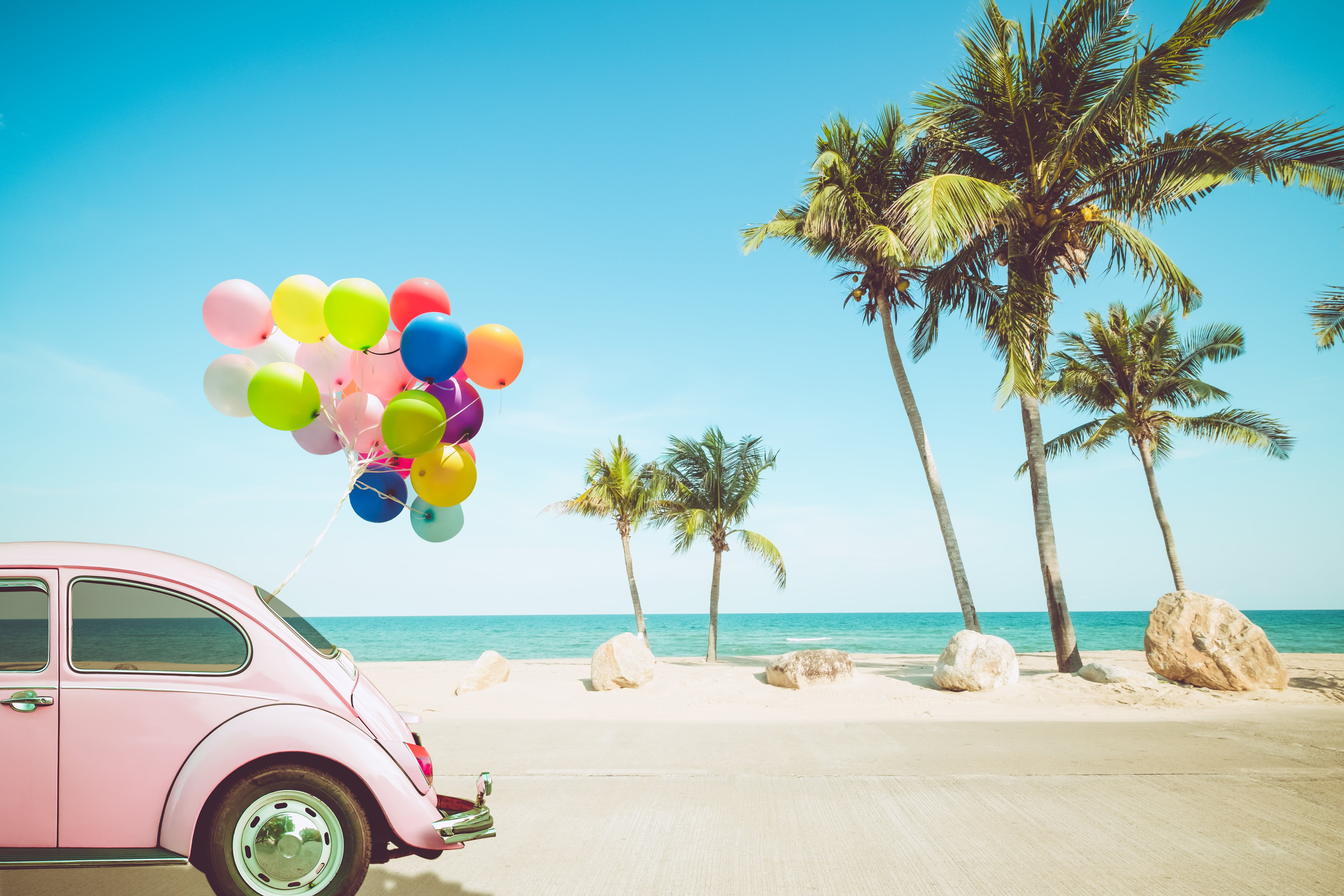 motor vehicle, volkswagen, sunlight, water, pink, paradise, palms, plant, sand, vacation, blue, the sky, land vehicle, stay, colorful, horizon over water, HD Wallpaper
