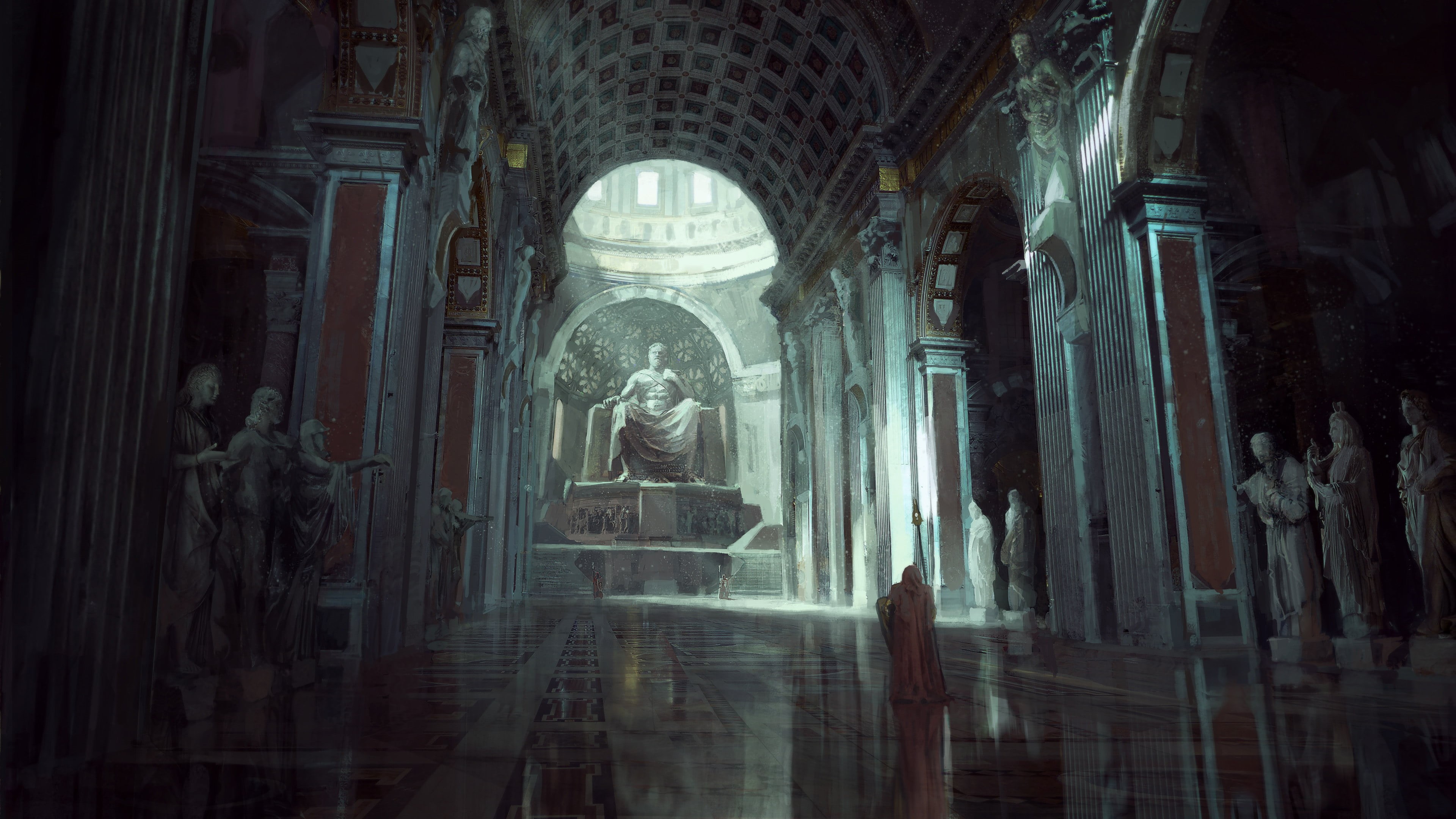 ceiling, building, altar, representation, digital art, belief, built structure, statue, palace, indoors, low angle view, video games, human representation, HD Wallpaper