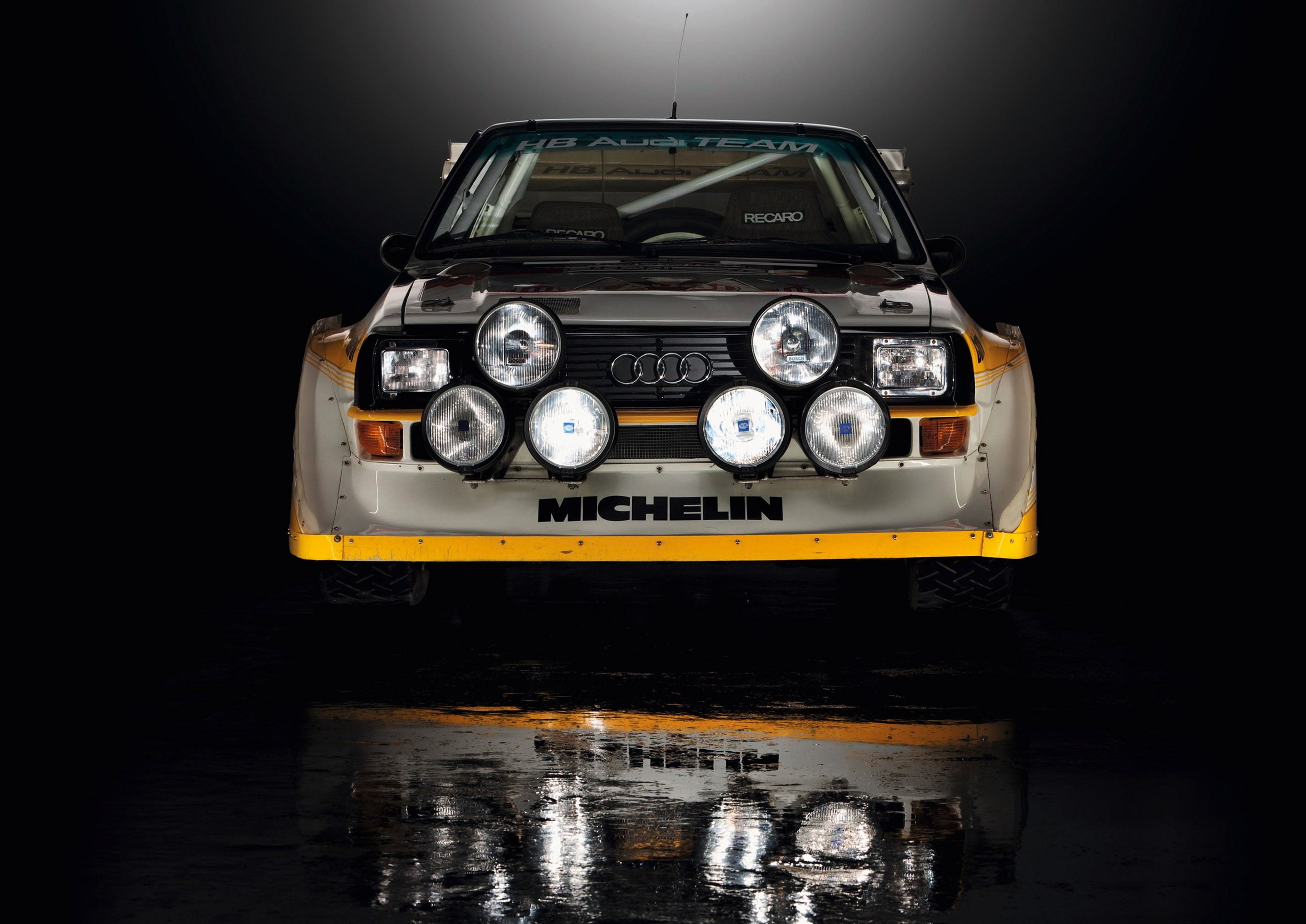 reflection, Audi, Quattro, text, front view, number, indoors, car, technology, the past, studio shot, antique, retro styled, black background, luxury, nostalgia, HD Wallpaper