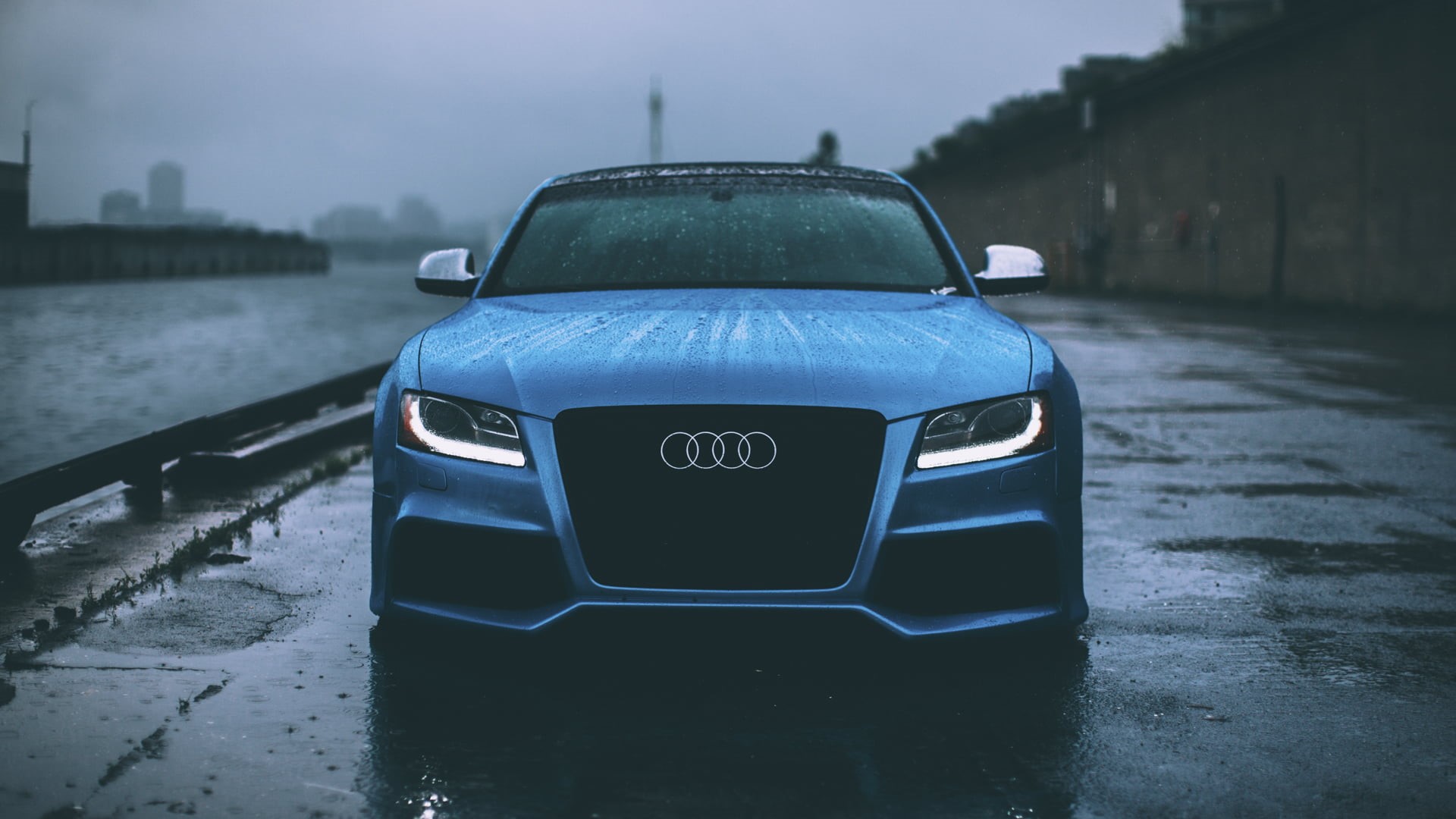 text, coupe, city, Audi RS5, architecture, wet, day, car, focus on foreground, motor vehicle, street, mode of transportation, close-up, no people, land vehicle, HD Wallpaper