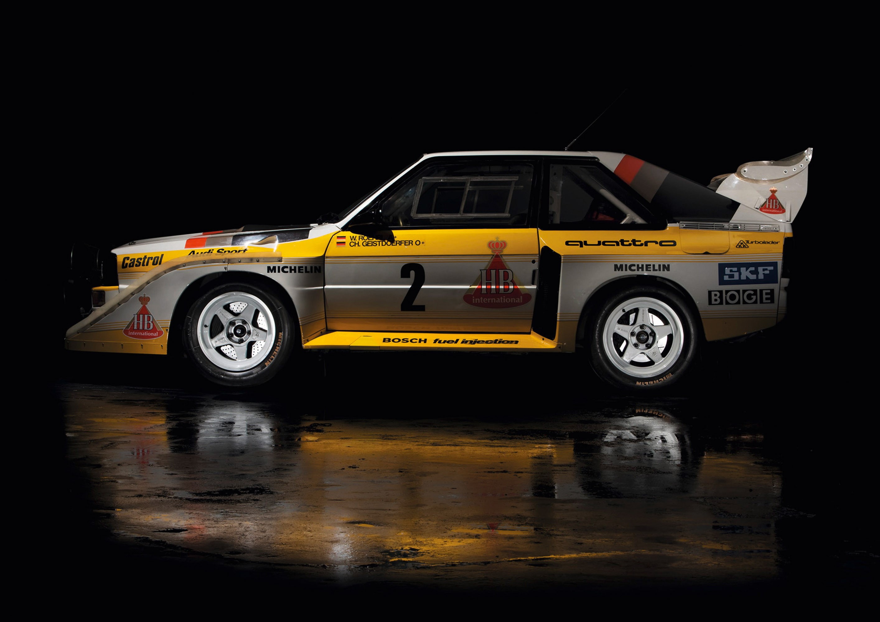 wheel, Audi Sport Quattro S1, safety, land vehicle, reflection, wet, Rally, night, tire, transportation, text, motor vehicle, Audi, no people, outdoors, HD Wallpaper
