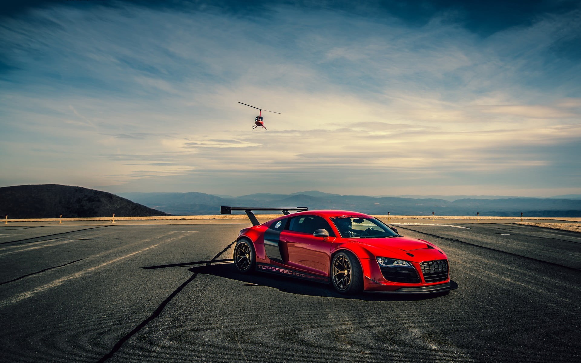 mountain range, 1080P, motor vehicle, Audi R8, day, car, outdoors, helicopters, mountain, Audi, beauty in nature, land vehicle, one person, transportation, HD Wallpaper