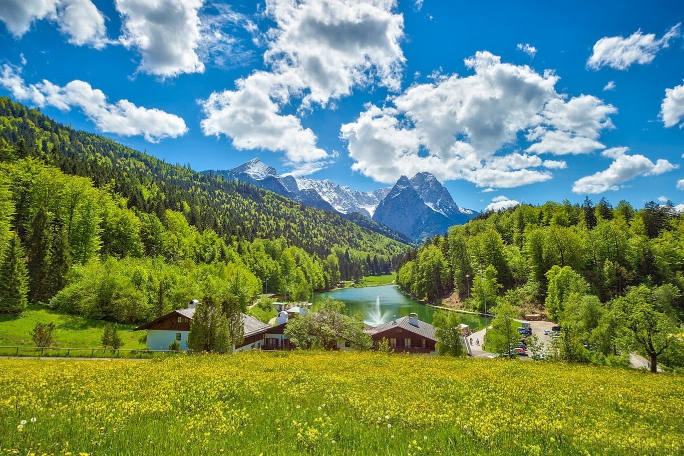 near, nature, mountain, green, scenics - nature, non-urban scene, clouds, wildflowers, house, day, architecture, beauty in nature, lake, landscape, forest, HD Wallpaper