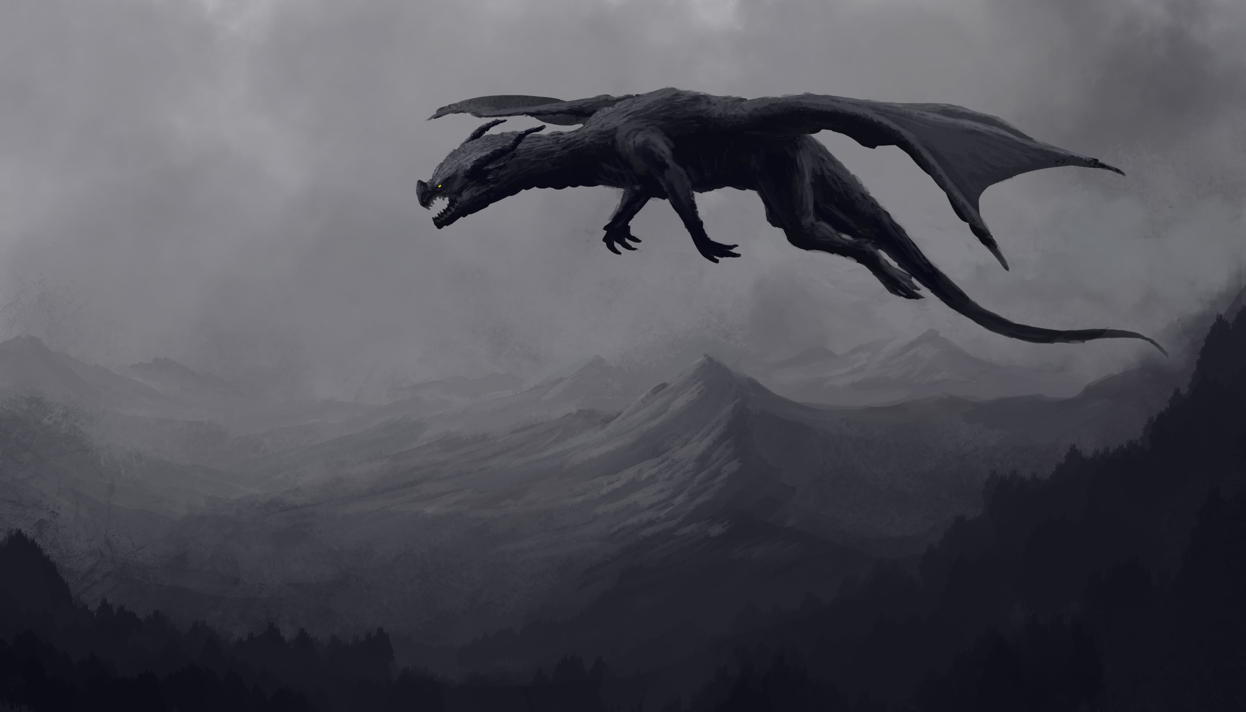 animal wildlife, bird, flying, yellow eyes, no people, minimalism, dragon, landscape, cloud - sky, digital art, animal themes, nature, vertebrate, mid-air, HD Wallpaper