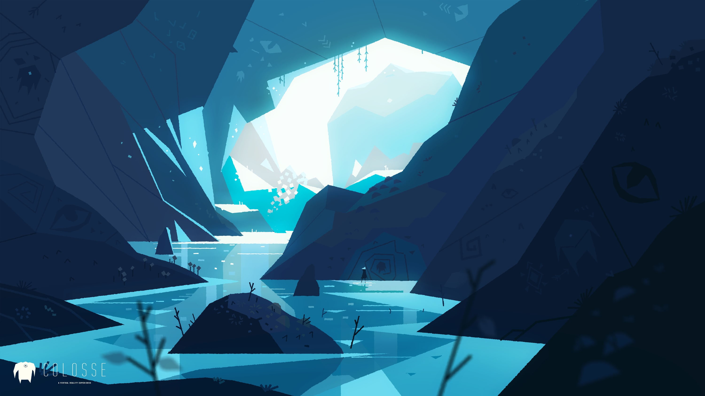 Mikael Gustafsson, fantasy Art, river, sky, rock, eyes, water, 2K, artwork, cave, nature, landscape, HD Wallpaper