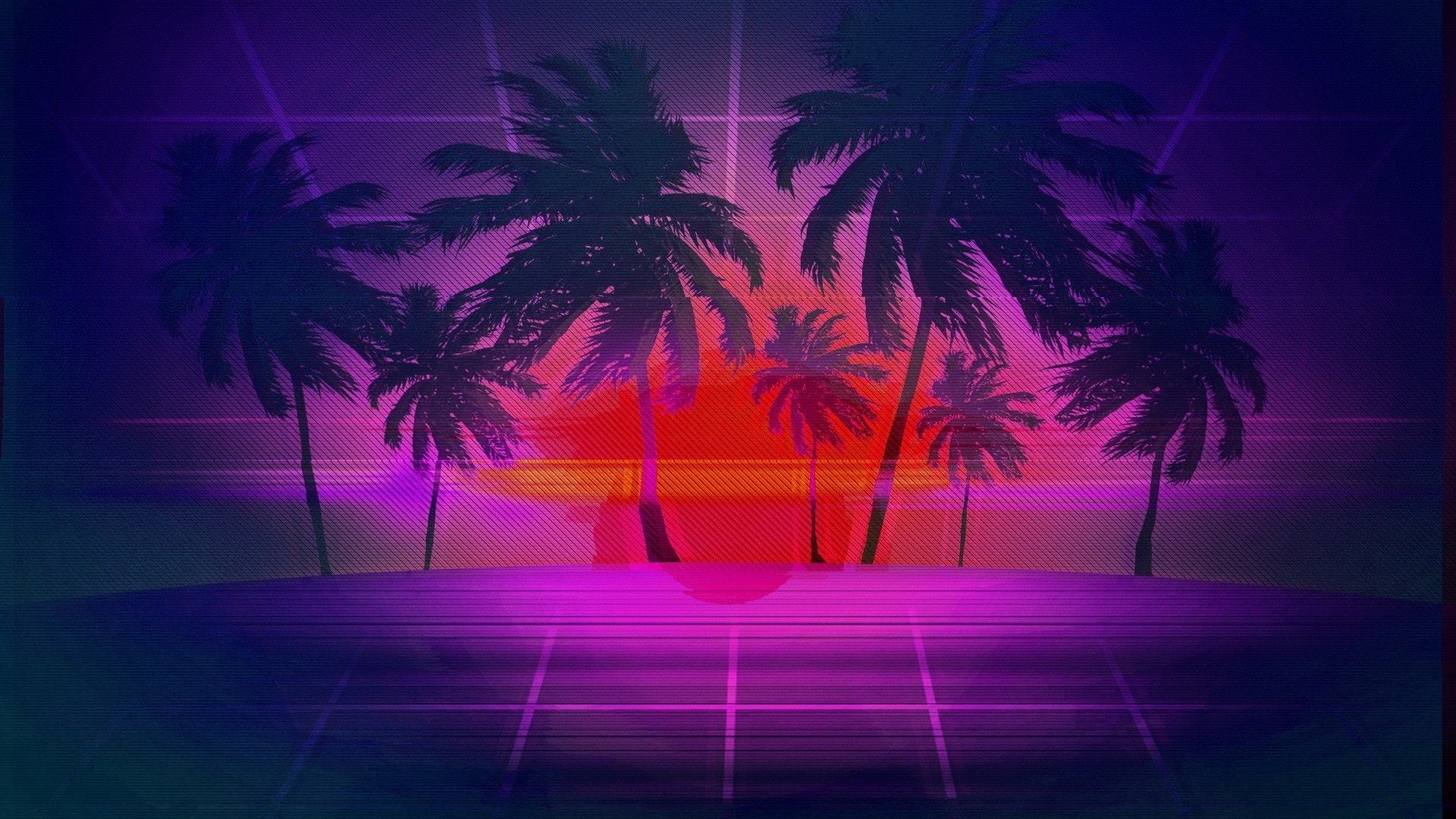grid, 1080P, Sun, vaporwave, HD Wallpaper