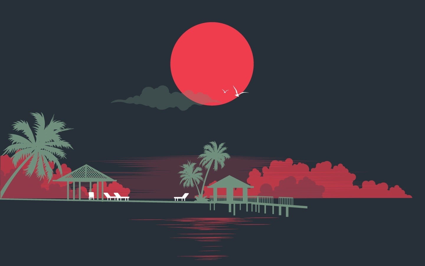 silhouette, tropical Climate, moon, birds, night, pier, vector, sea, Sun, illustration, beach, minimalism, summer, landscape, black background, built structure, HD Wallpaper