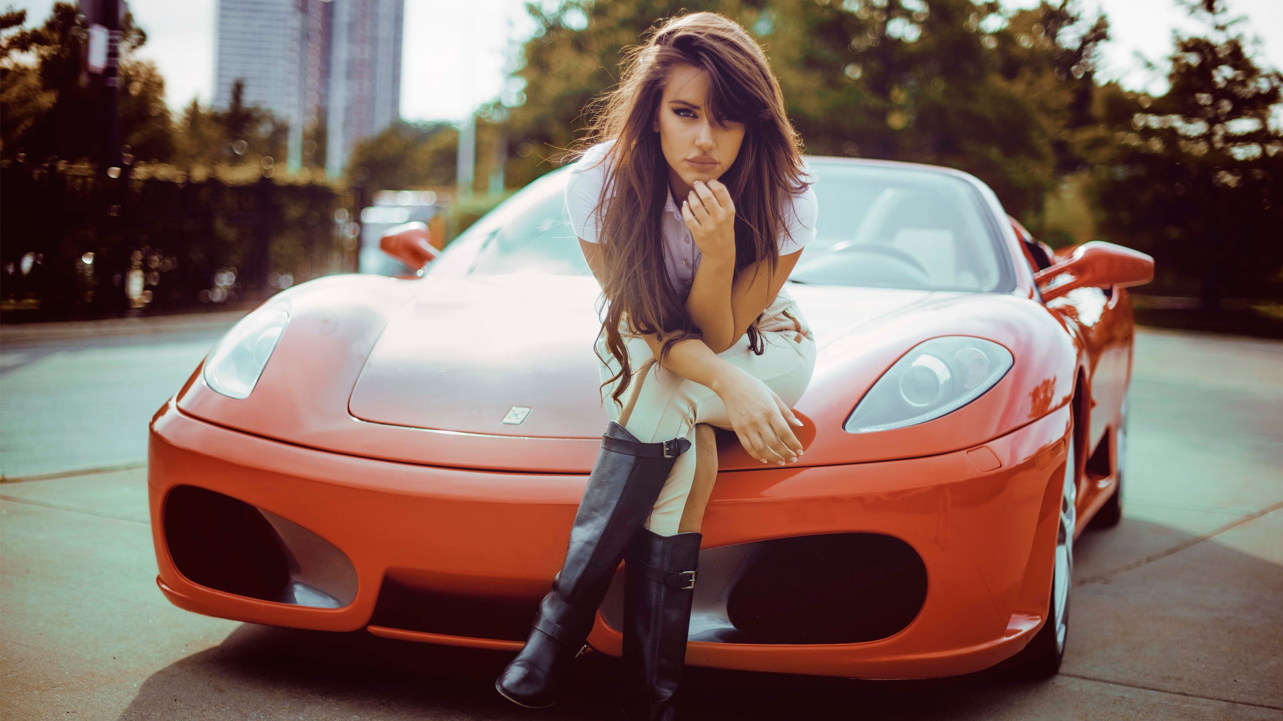 coupe, auburn hair, standing, cute, Ferrari F430, woman, boots, one Woman Only, sports Car, beautiful, city Life, pants, full length, fashion, smiling, HD Wallpaper