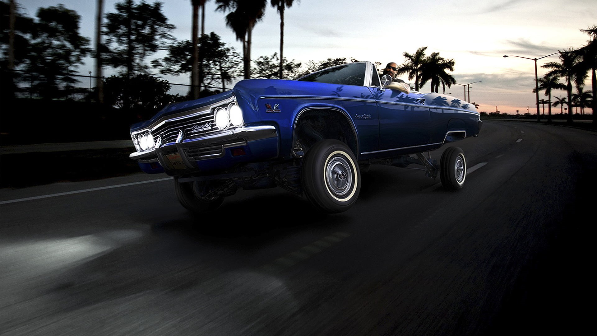 sunset, city, luxury, road, street, impala, mode of transportation, land vehicle, palm trees, day, wheel, retro styled, blue, muscle, car, tropical climate, HD Wallpaper