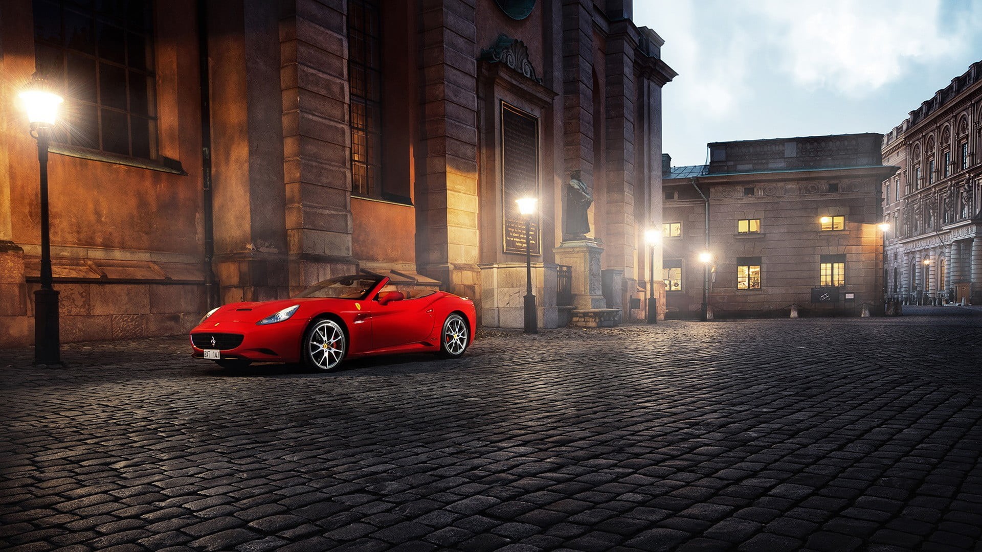 coupe, building exterior, built structure, convertible, sports car, red, building, Cabrio, red cars, 1080P, no people, architecture, night, Ferrari, Italy, HD Wallpaper