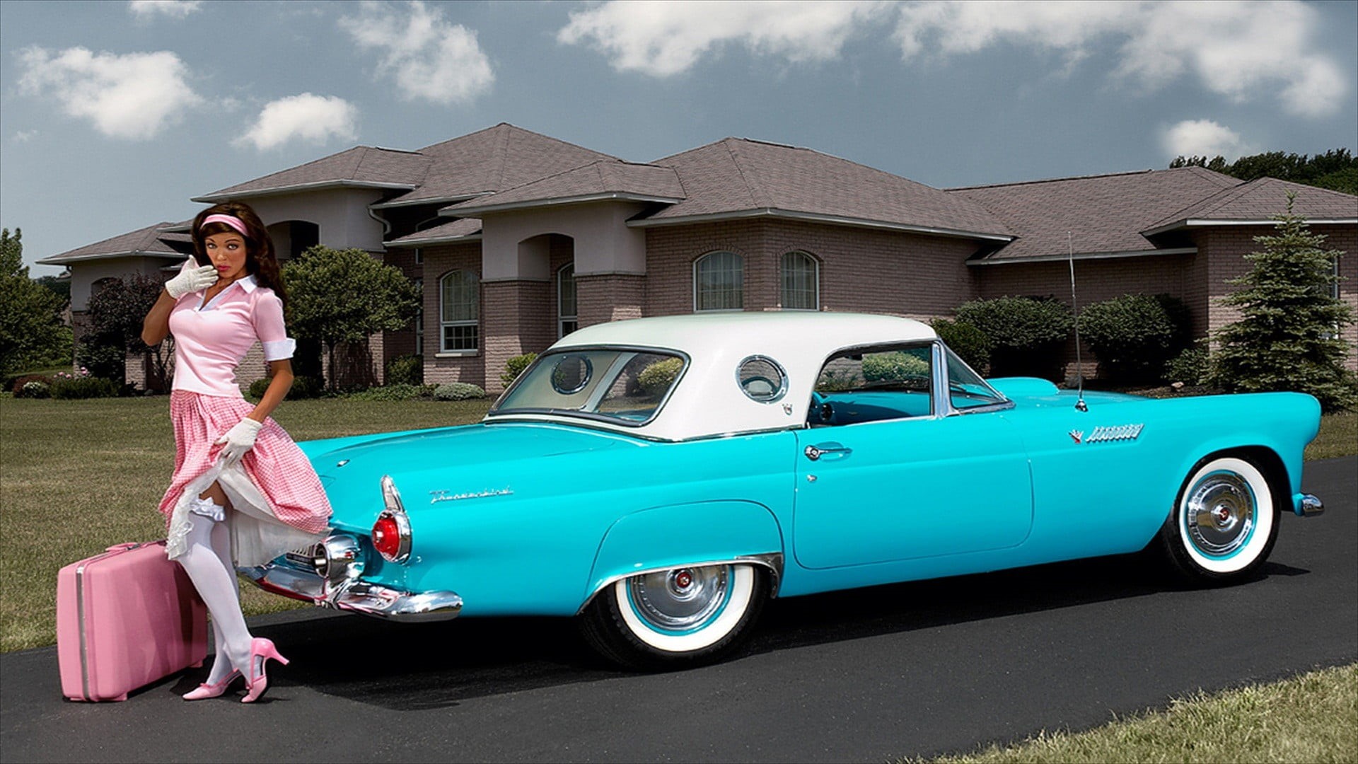 building exterior, motor vehicle, adult, 1080P, built structure, journey, coupe, Oldtimer, retro styled, day, car, convertible, pinup models, architecture, HD Wallpaper