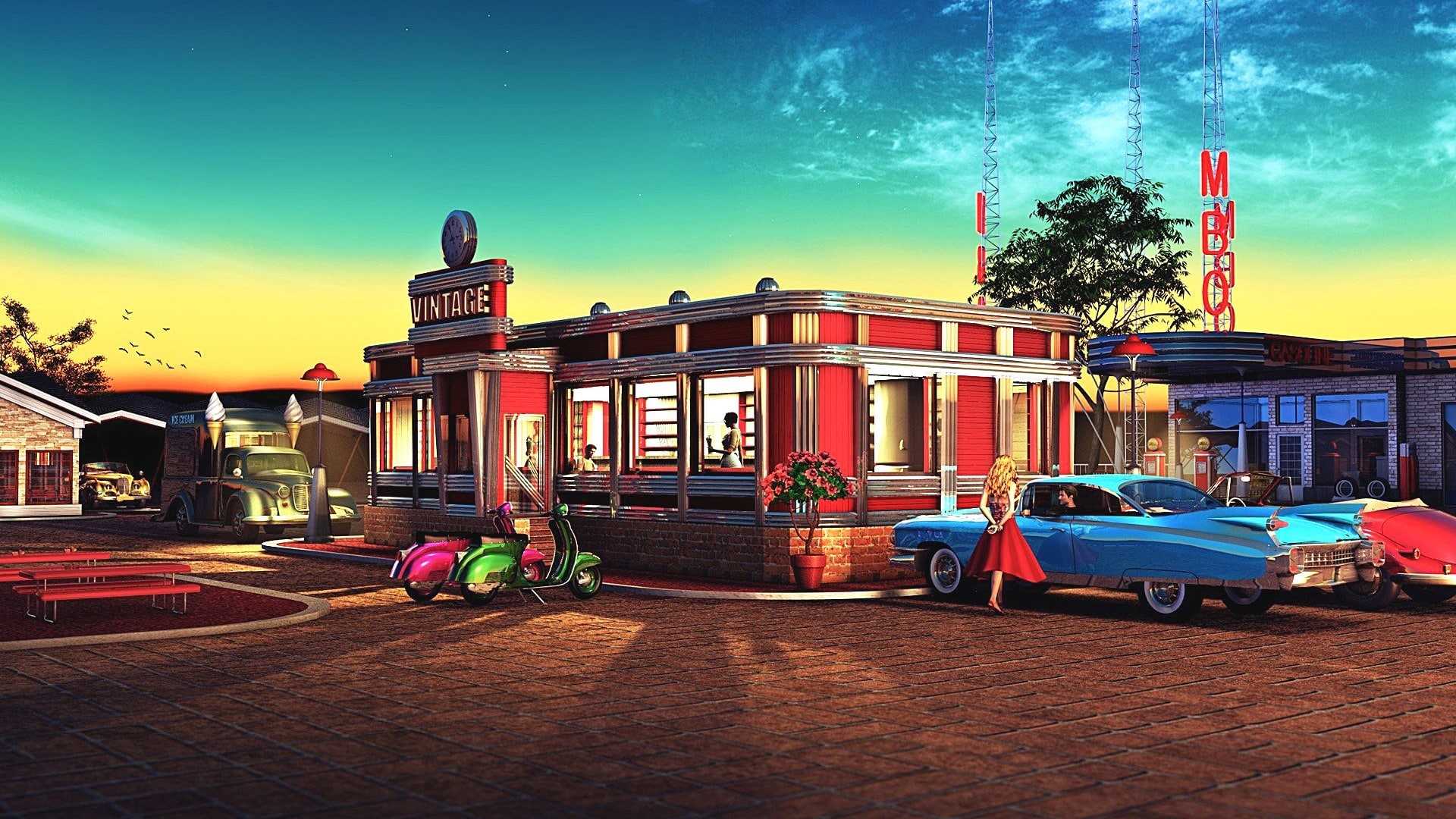 artwork, retro, vintage, 1080P, art, town, illustration, cafe, restaurant, old school, city, america, car, digital art, HD Wallpaper