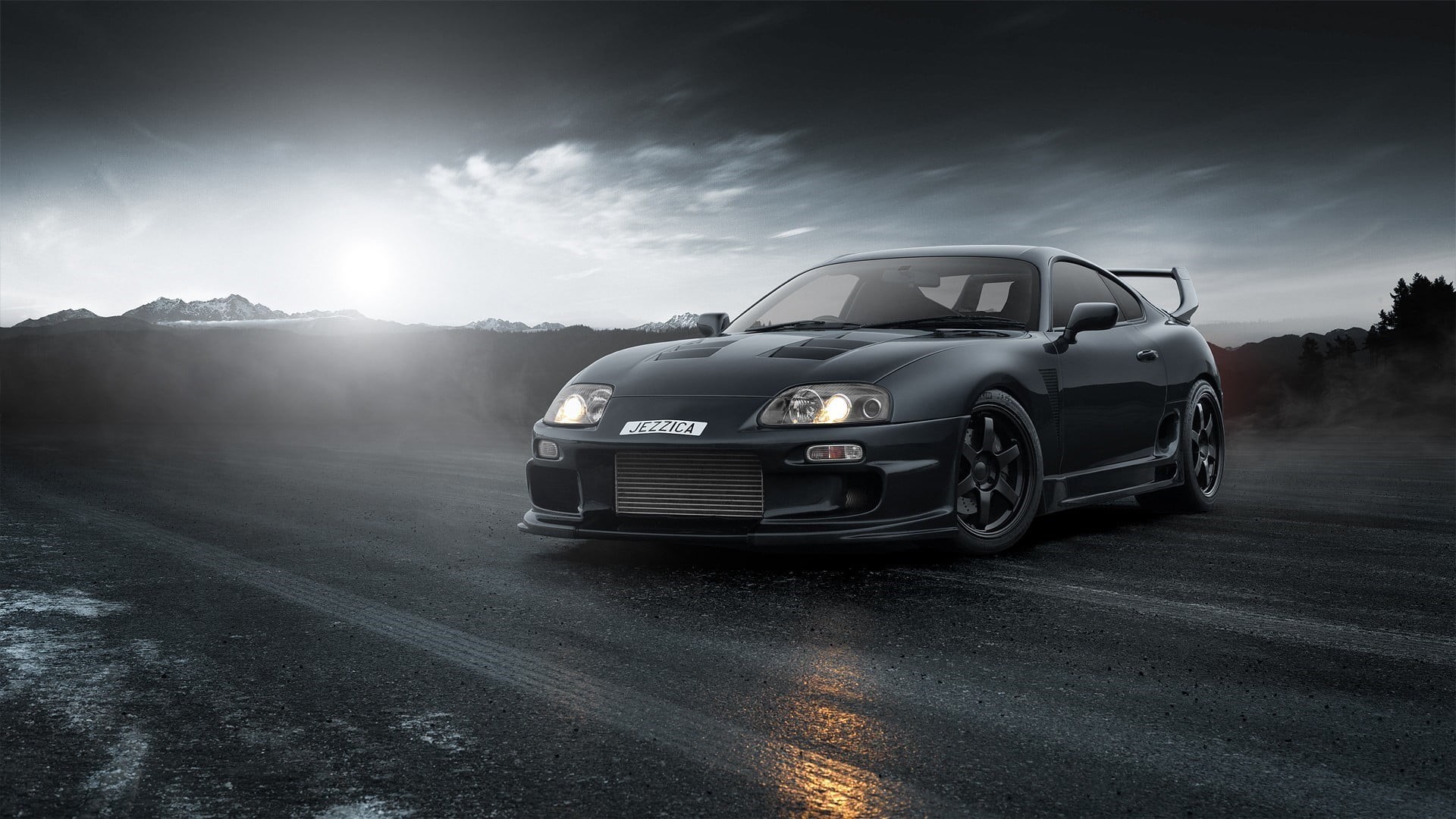 sky, headlight, outdoors, luxury, nature, driving, fog, Supra, Toyota Supra, car, black, mode of transportation, motion, Toyota, the way forward, black cars, HD Wallpaper