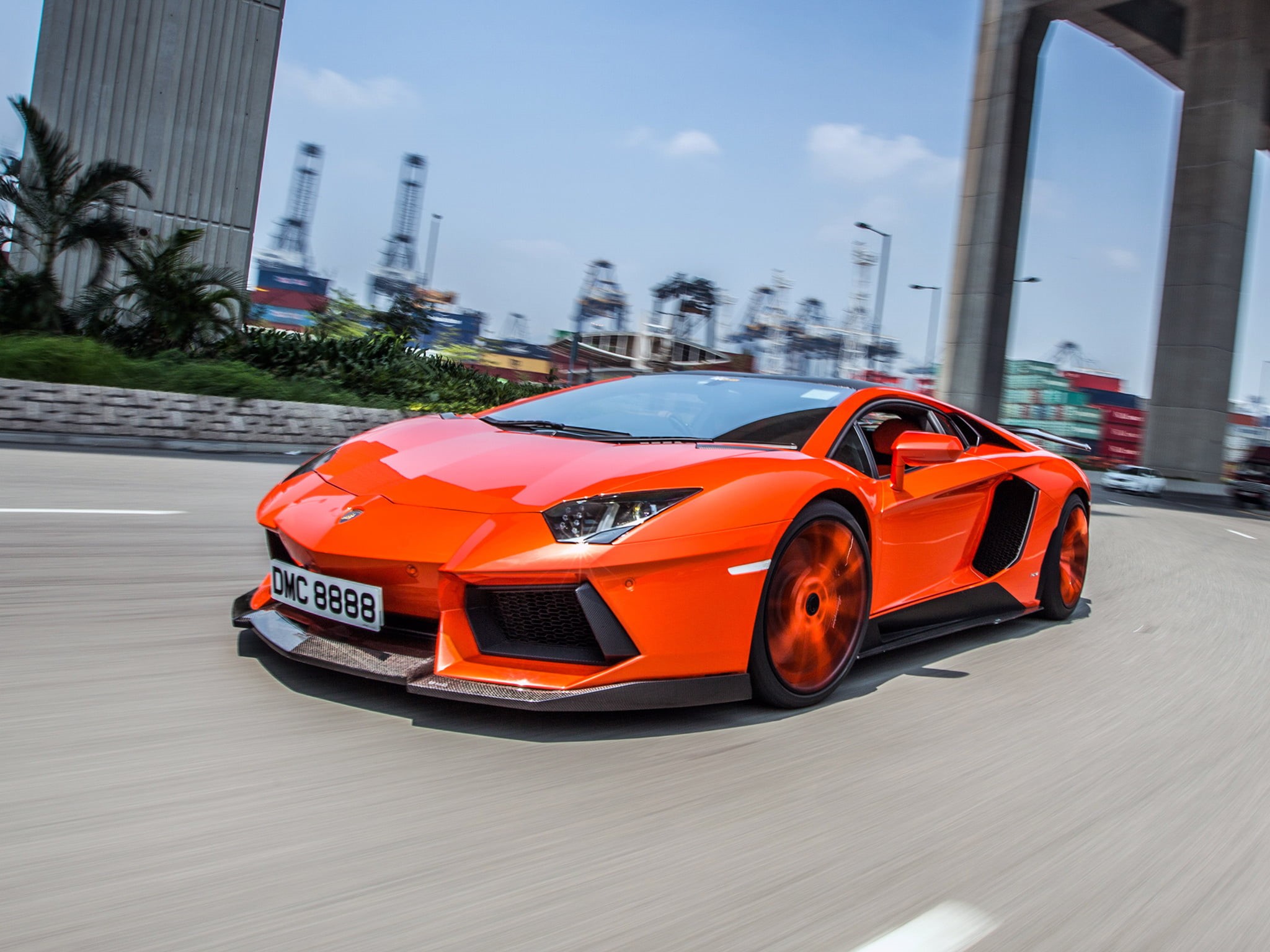 motor vehicle, city, transportation, architecture, road, aventador, orange color, nature, outdoors, focus on foreground, orange, Lamborghini, no people, HD Wallpaper