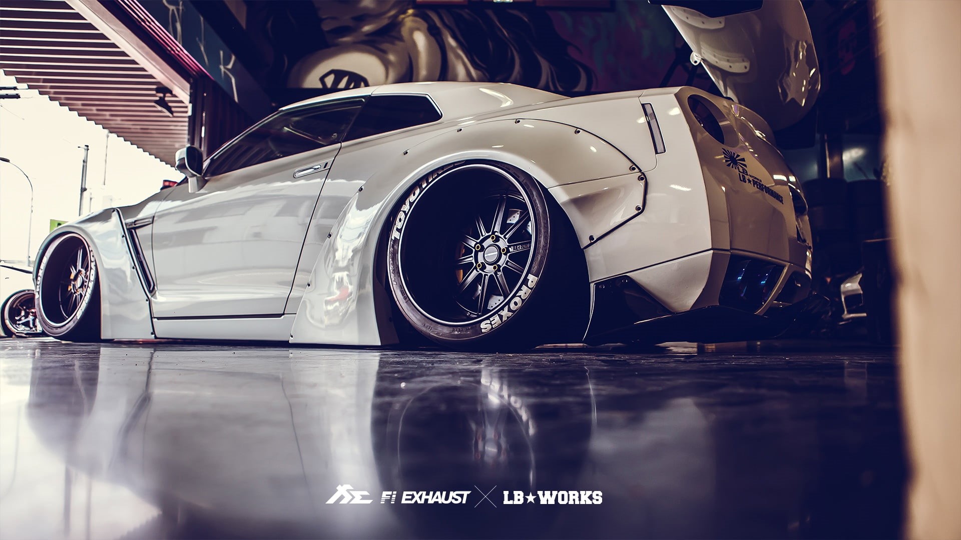 Nissan, r, reflection, no people, Liberty Walk, transportation, mode of transportation, tuning, garage, outdoors, land vehicle, day, motor vehicle, car, HD Wallpaper